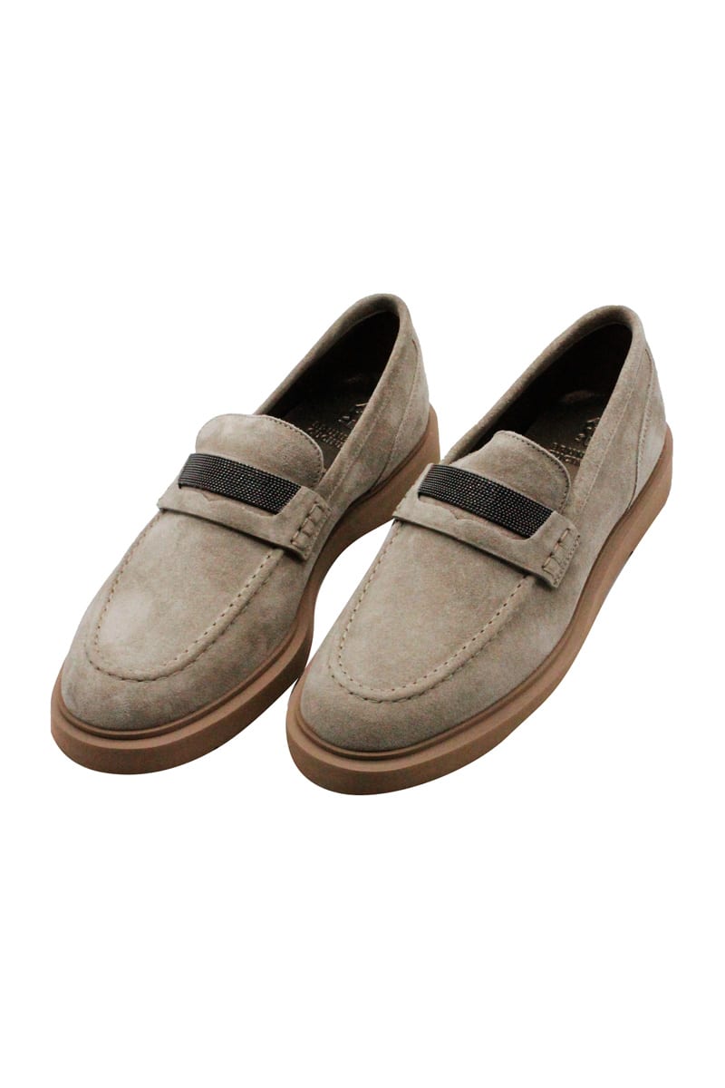 Brunello Cucinelli Light Moccasin Shoe In Suede With Rubber Sole Embellished With Jewel On The Front