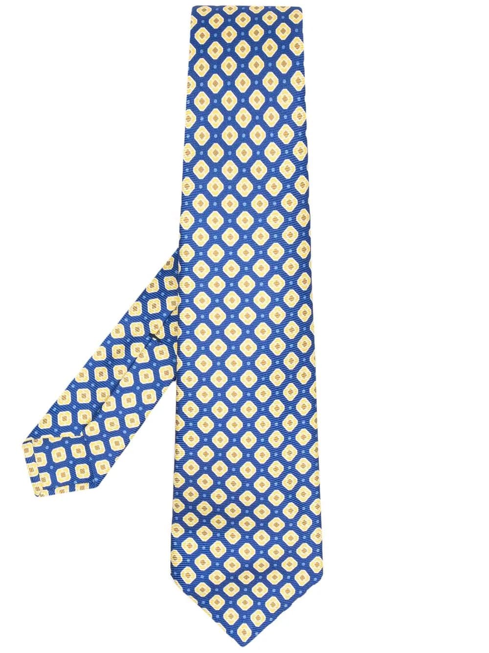 Kiton Navy Blue Classic Tie With Blue Micro Polka Dots And Yellow Lozenges