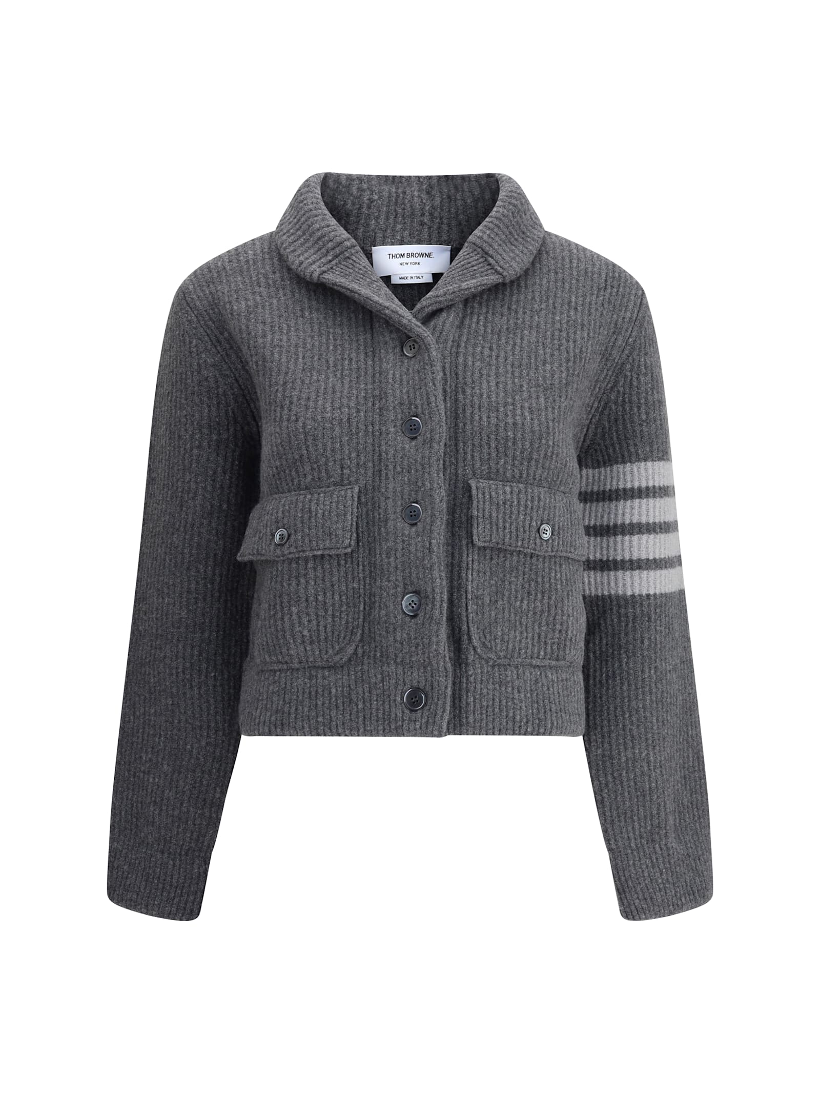 Thom Browne Ribbed Knit Wool Jacket With Striped Detail In Gray