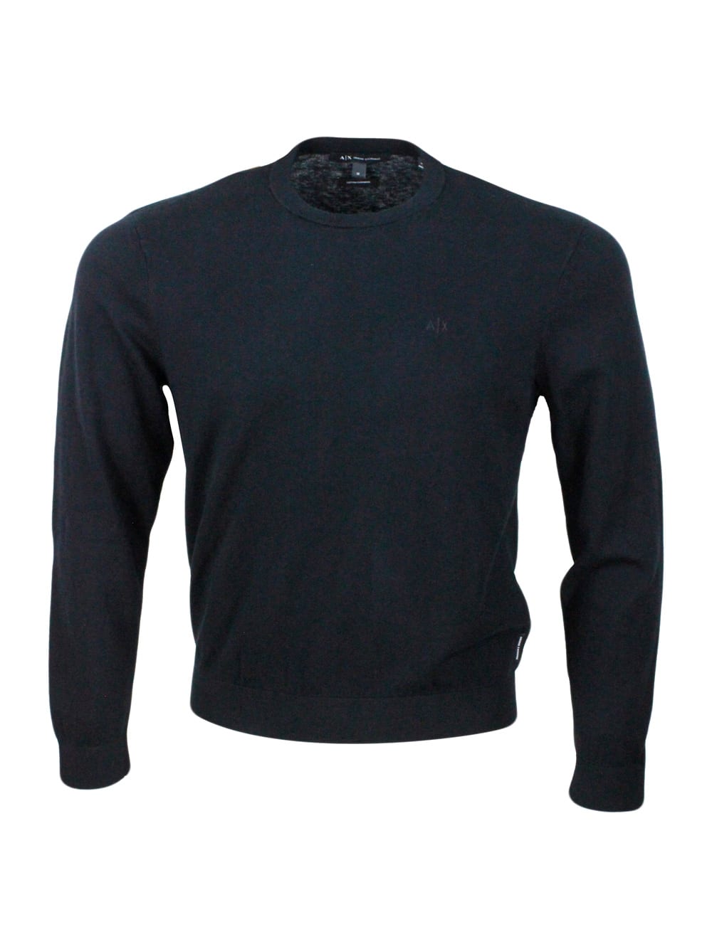 Armani Collezioni Lightweight Crew-neck Long-sleeved Sweater Made Of Warm Cotton And Cashmere With Contrasting Color P In Black