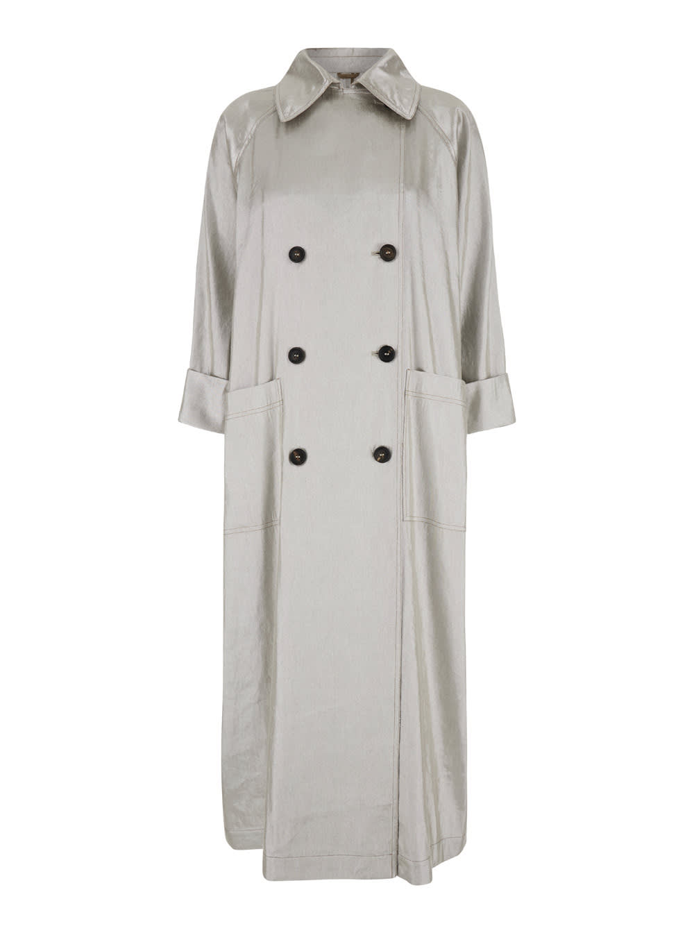 Brunello Cucinelli Metallic Double-breasted Trench In Linen Woman