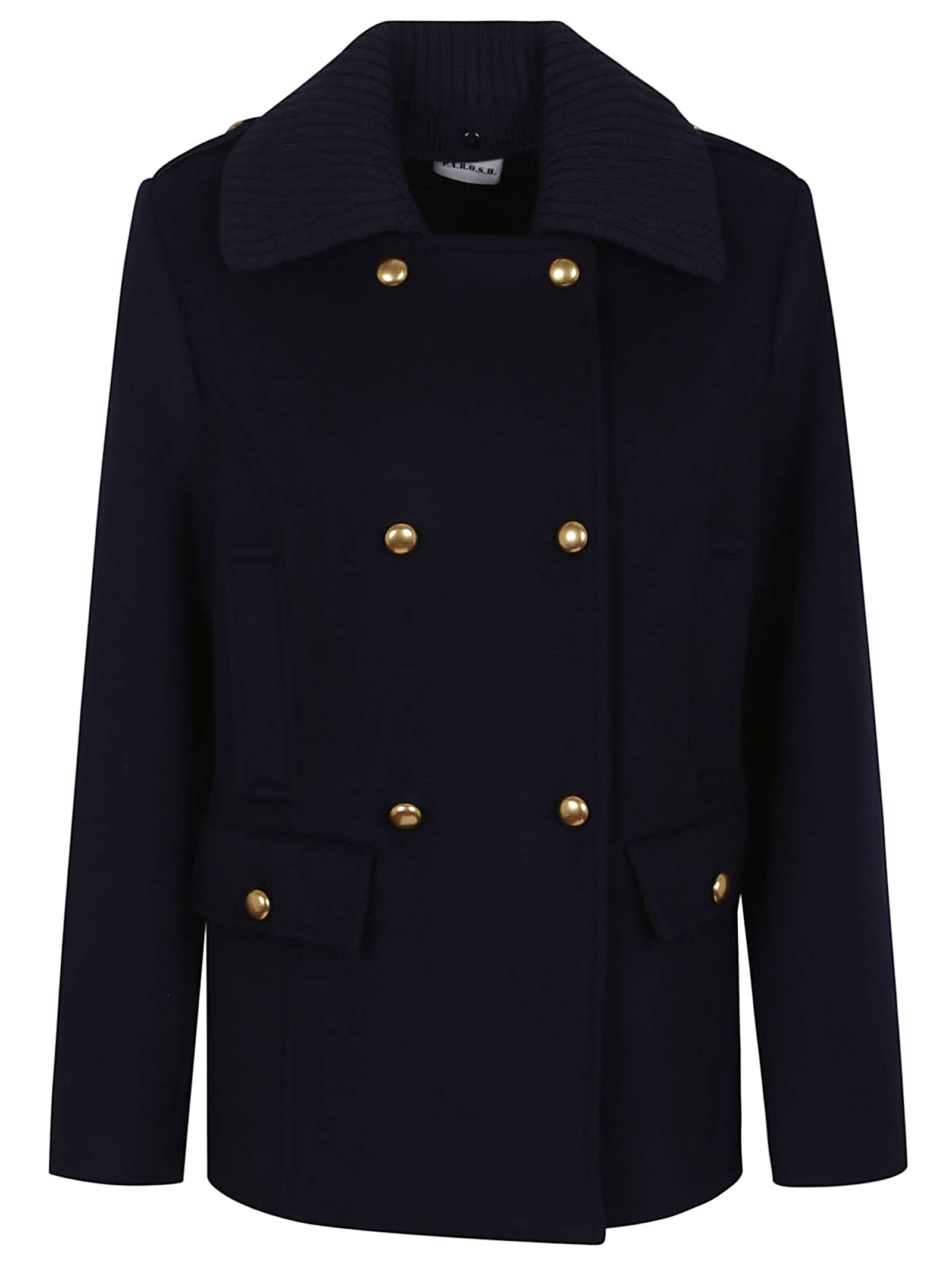 P.a.r.o.s.h Parosh Pure Wool Blazer With Gold Button Accents And Ribbed Knit Collar In Blue