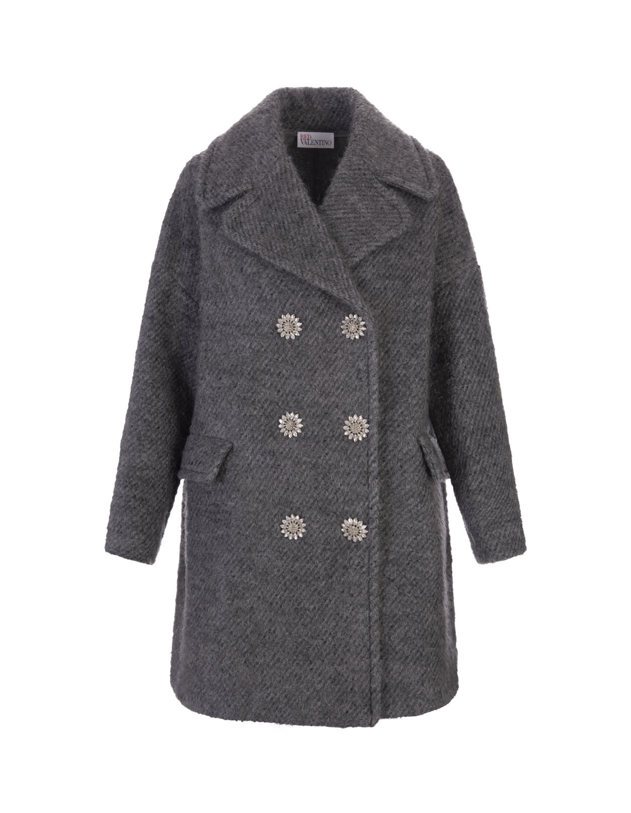 RED Valentino Woman Gray Boucle Wool Coat With Jewel Buttons