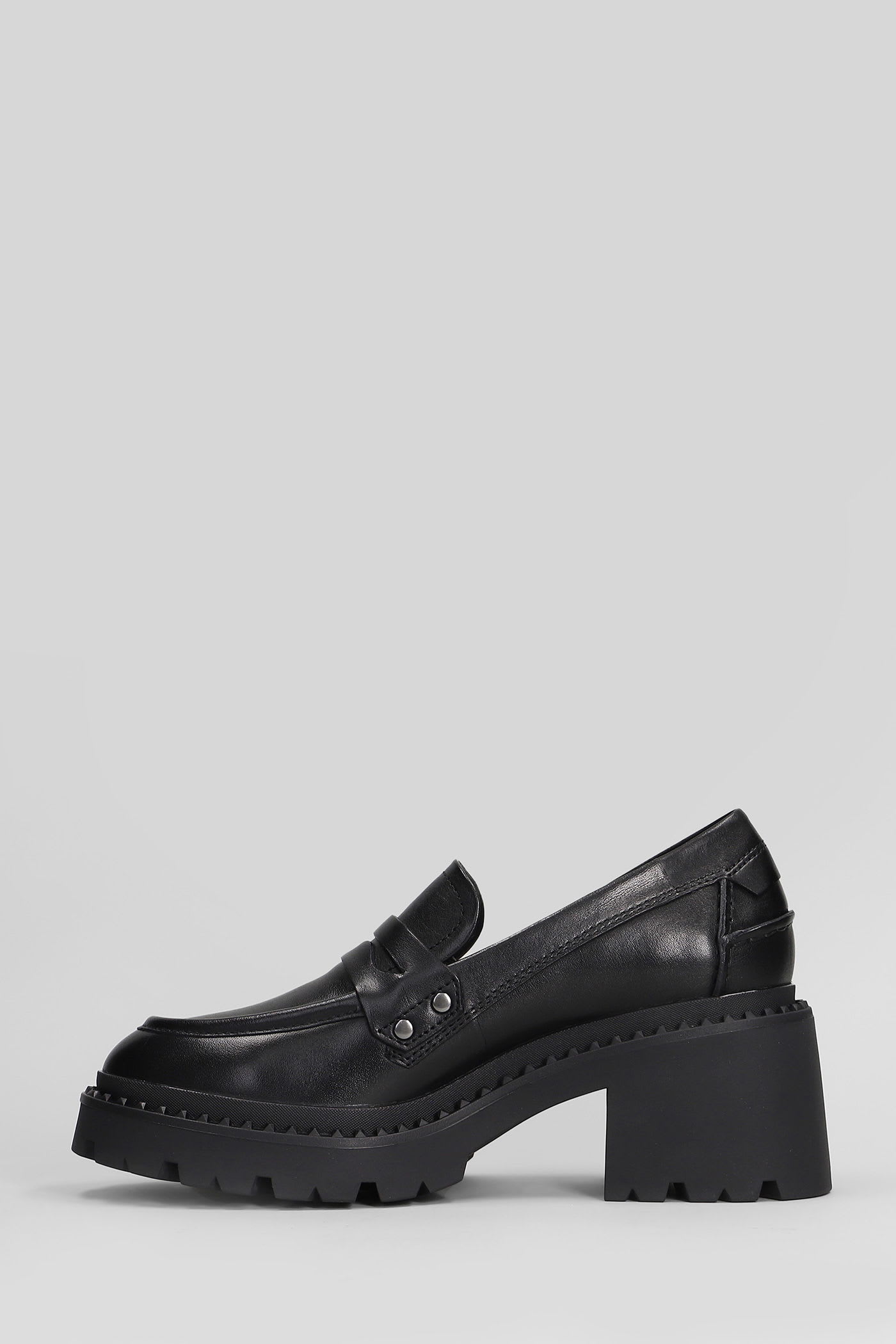 Ash Chunky Heel Leather Loafers With Penny Strap In Black