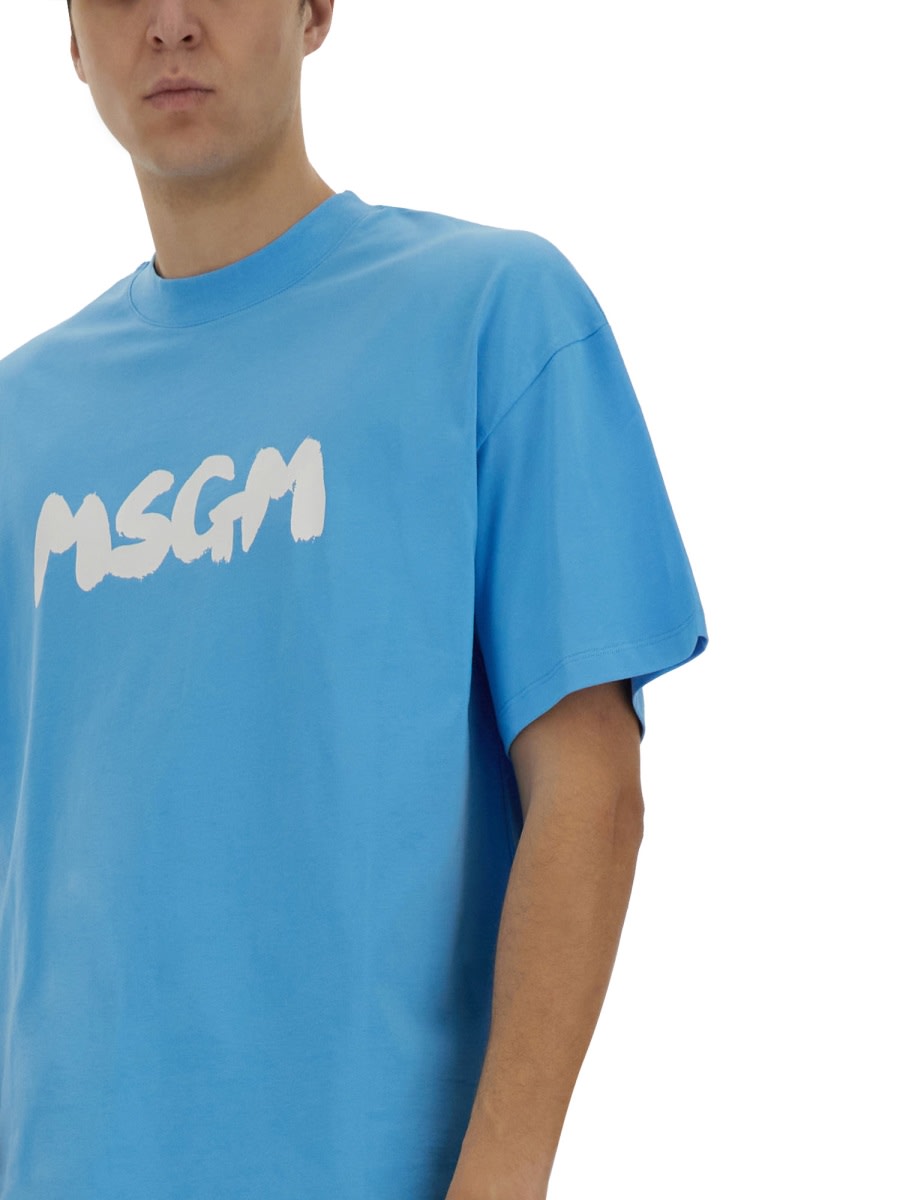 Msgm Crew Neck Cotton T-shirt In Azure