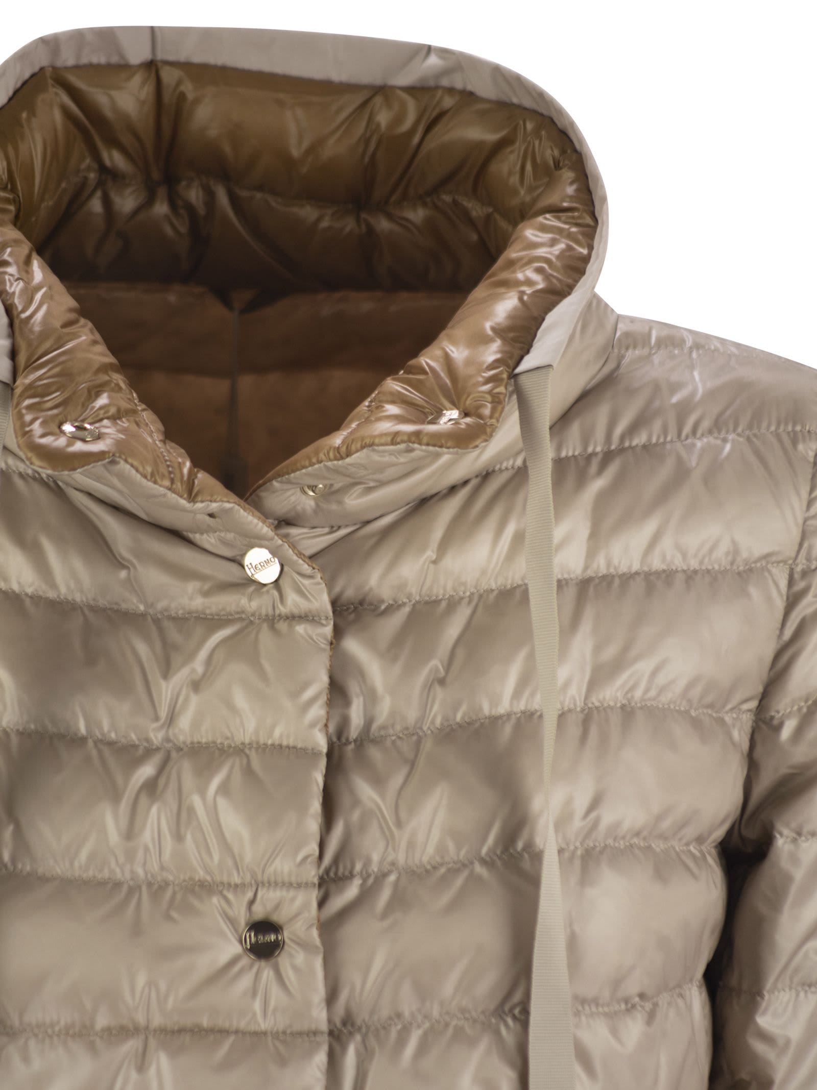 Herno Light Gray Reversible High Neck Down Jacket In Technical Fabric Woman In Beige/camel