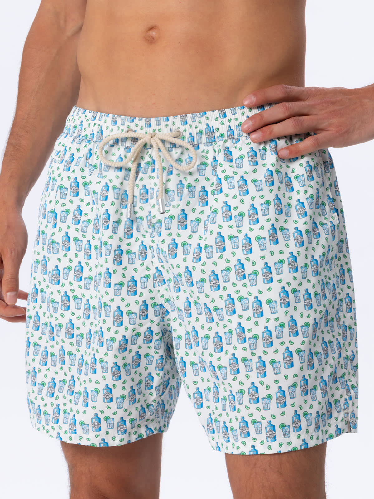 Mc2 Saint Barth Man Lightweight Fabric Swim-shorts Lighting Micro Fantasy With Gin Tonic Print In White