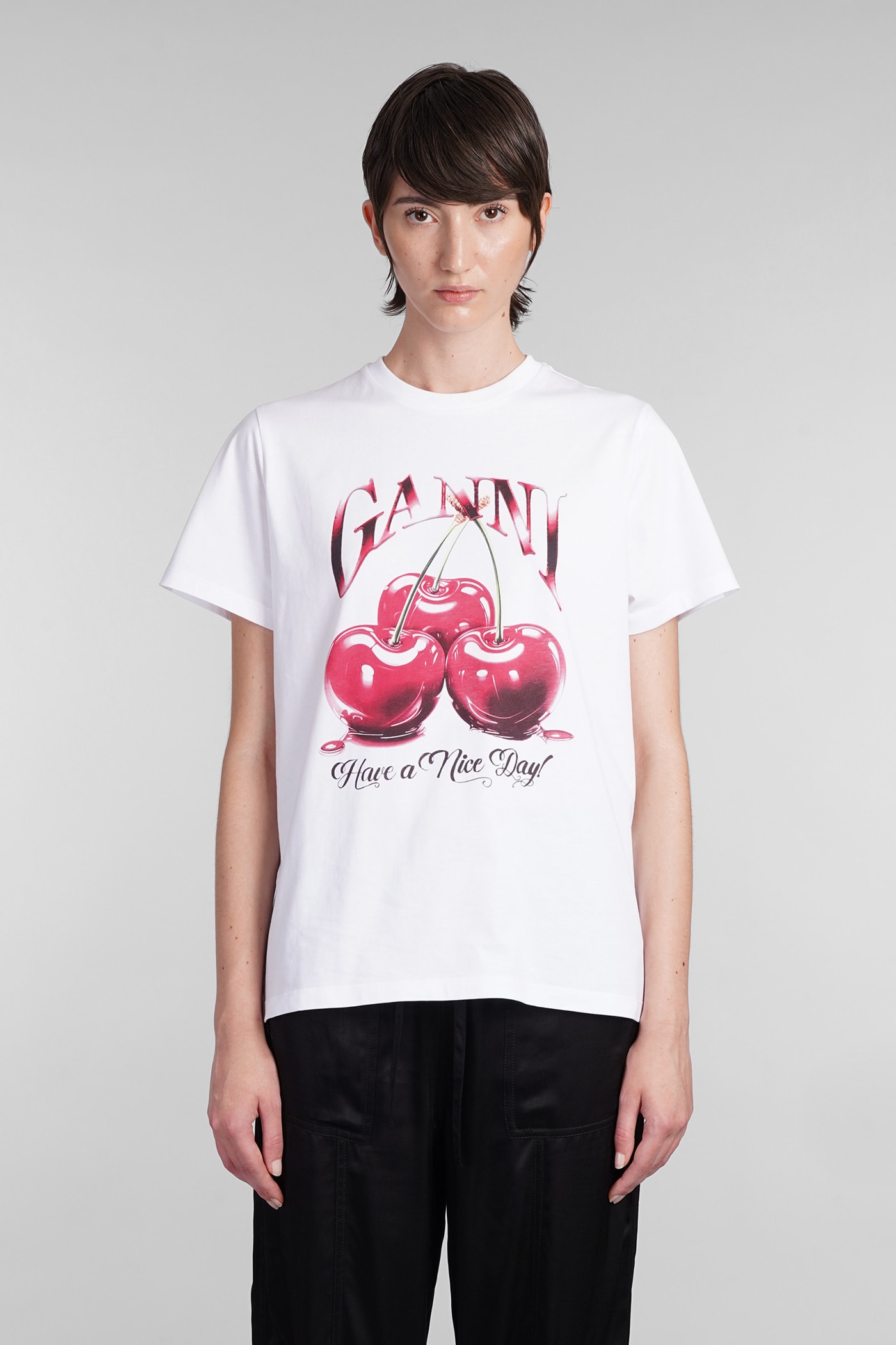 Ganni Basic Jersey Cherry Relaxed T-shirt In White