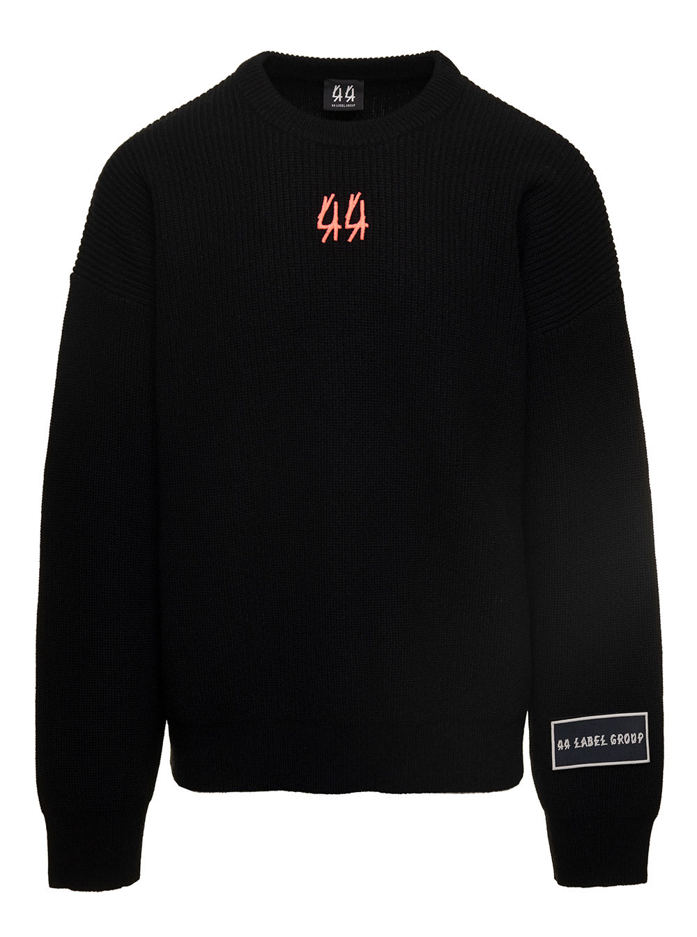 44 LABEL GROUP KELVIN BLACK SWEATER WITH LOGO PATCH AND PRINT IN WOOL BLEND MAN