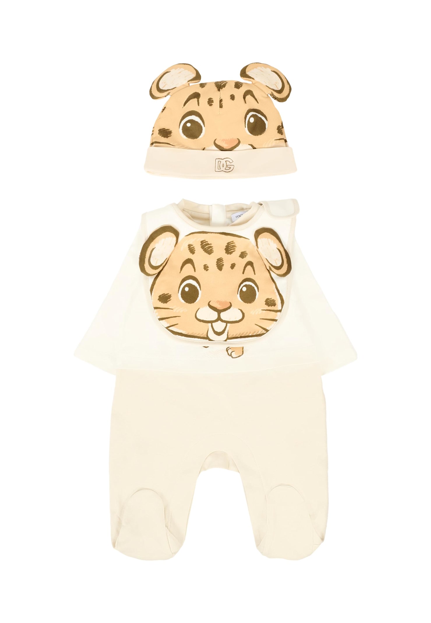Dolce & Gabbana Ivory Set For Baby Boy With Tiger And Logo In Neutral