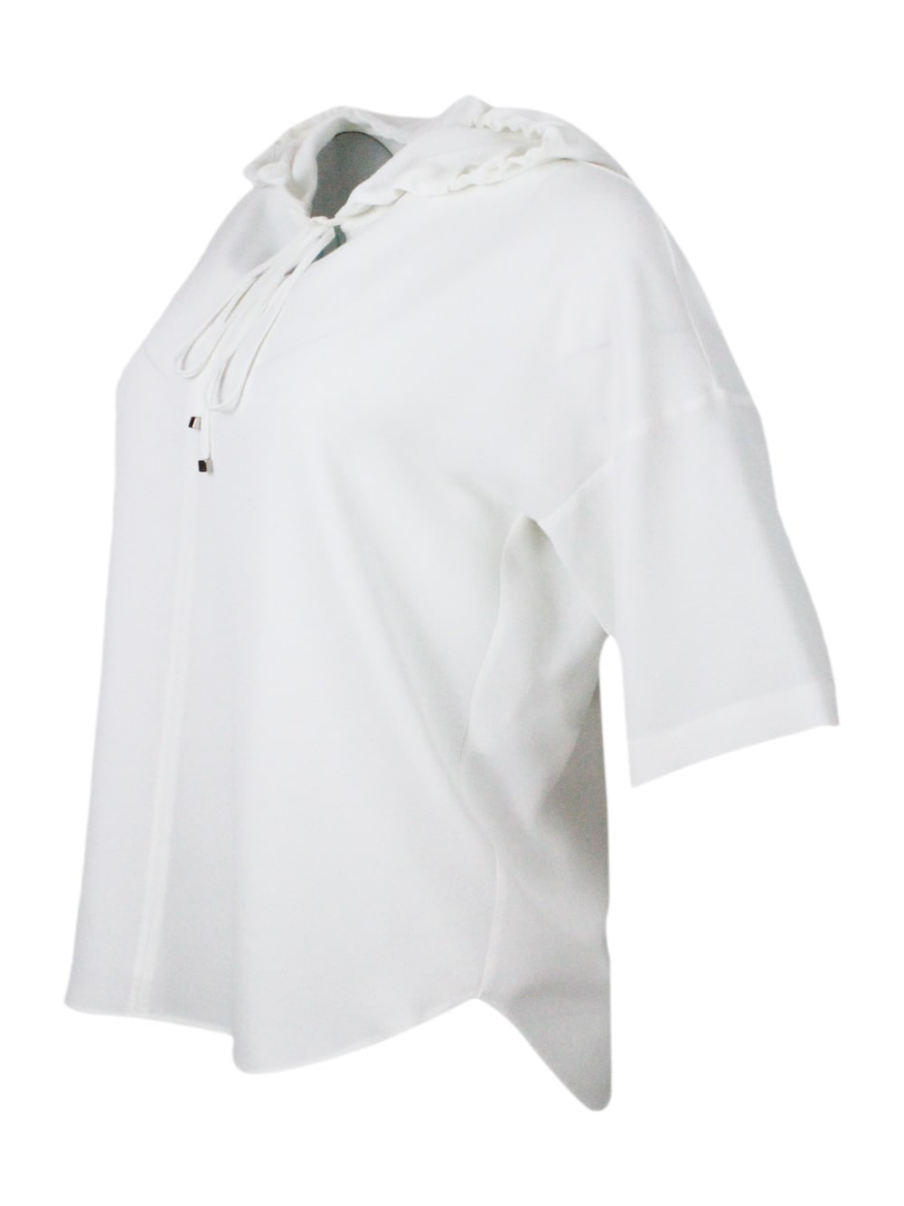 Shop Antonelli Lightweight Short-sleeved Stretch Silk Crepe Shirt With Drawstring Hood. Fluid Fit In White