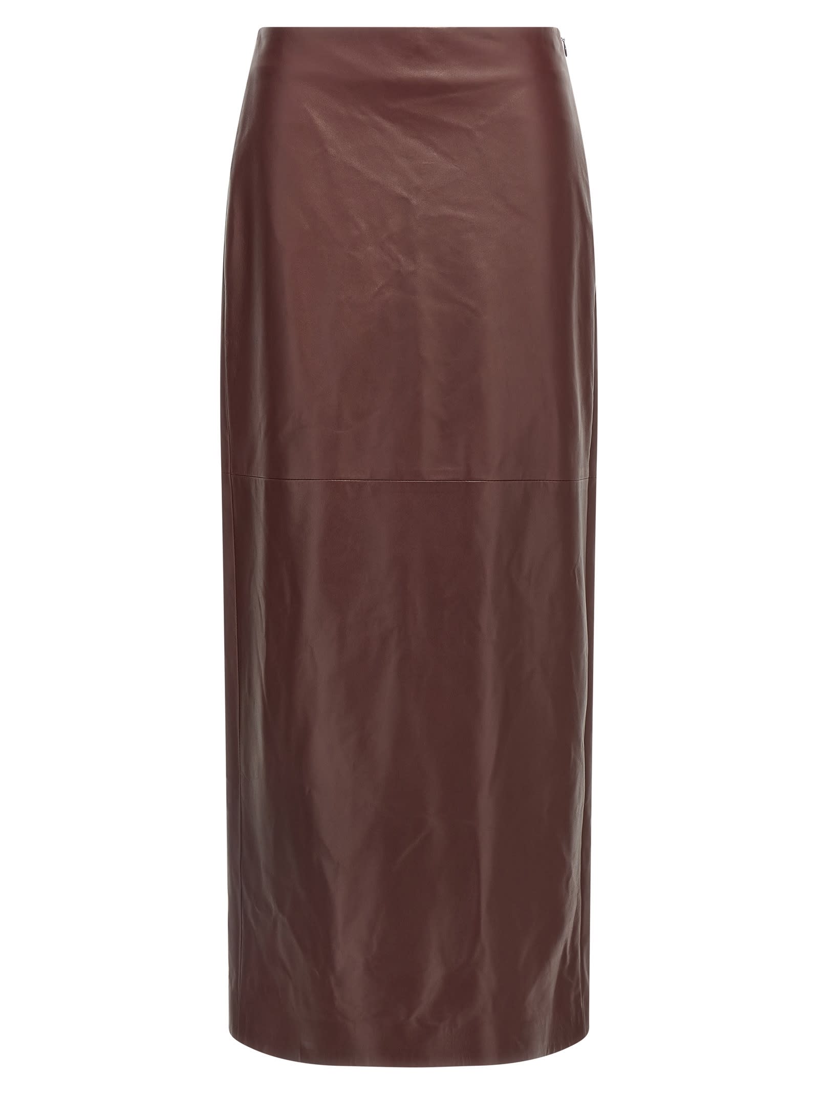 Brunello Cucinelli Column Back-split Leather Midi Skirt In Burgundy