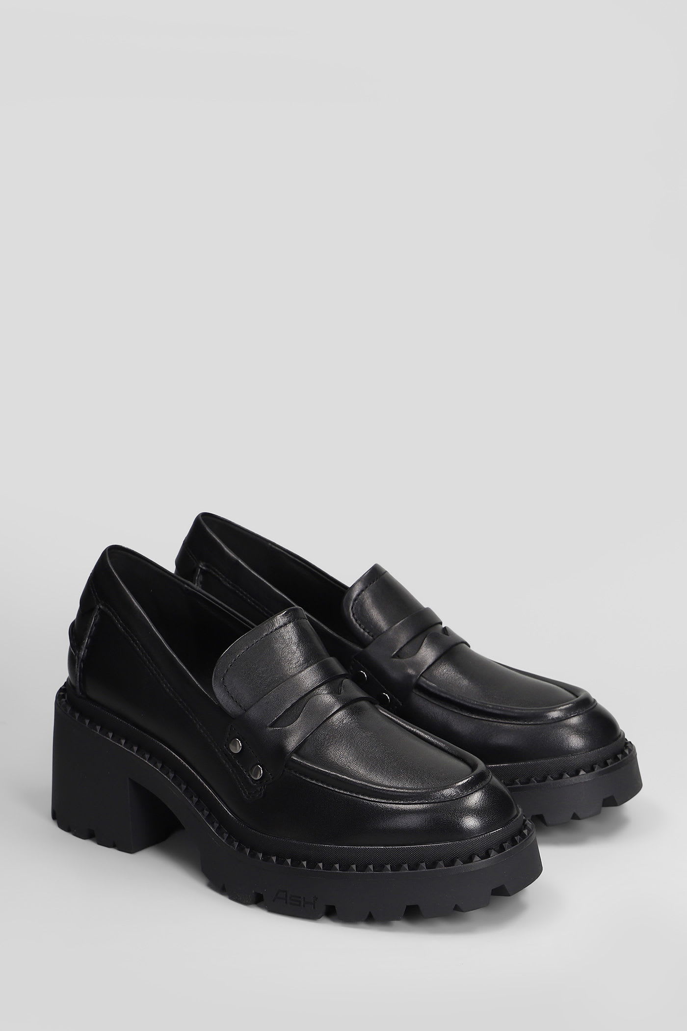 Ash Chunky Heel Leather Loafers With Penny Strap In Black