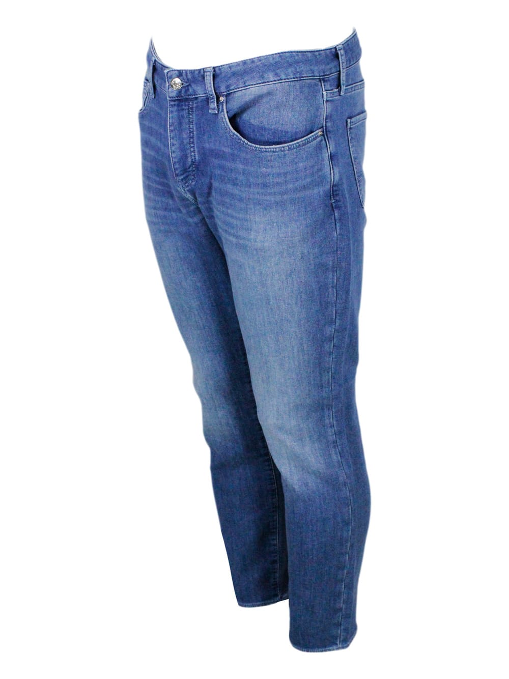 Shop Armani Collezioni Skinny Jeans In Soft Stretch Denim With Matching Stitching And Leather Tab. Zip And Button Closure