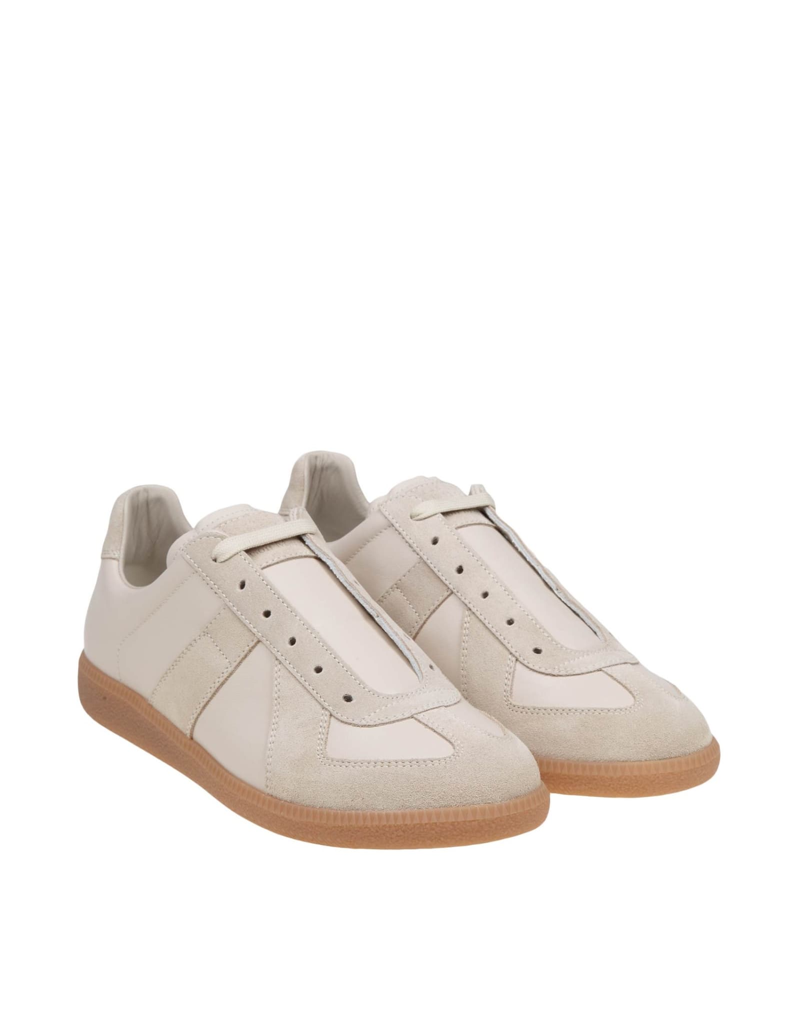Shop Maison Margiela Replica Sneakers In Leather And Suede In Beige