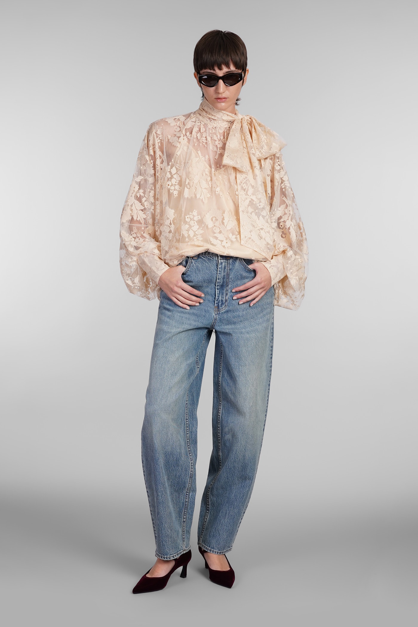 Zimmermann Illustration Pussy-bow Scalloped Cotton-blend Lace Blouse In Beige