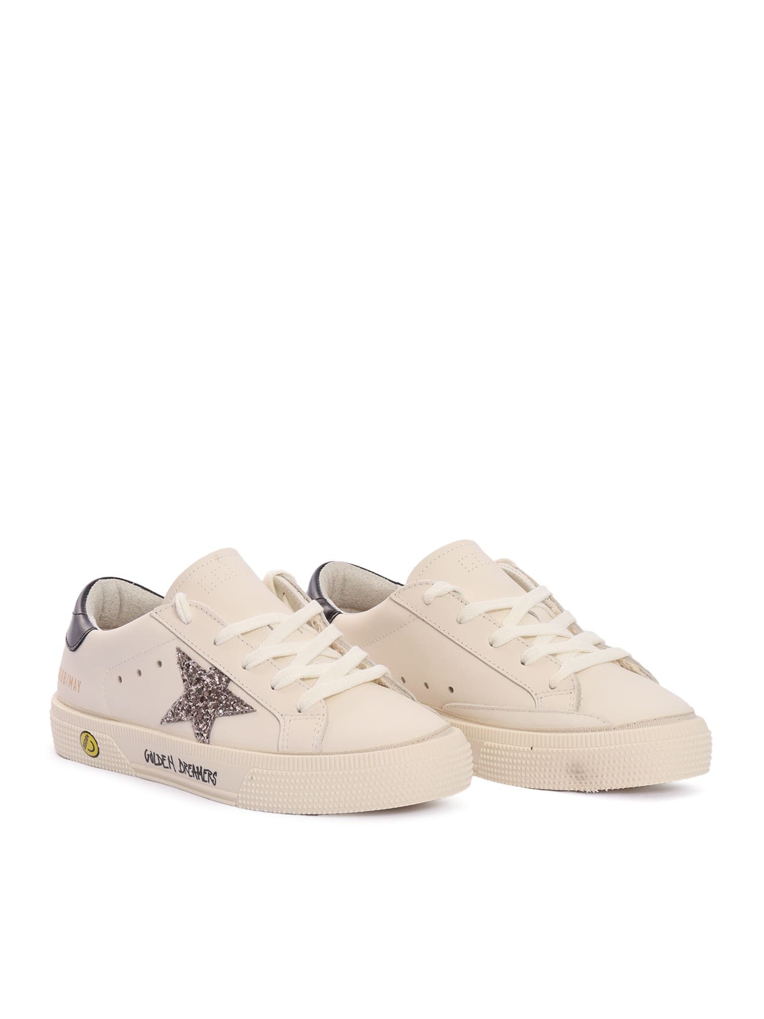 Golden Goose May Leather Upper Toe And Heel Glitter Star Signature Foxing Sneakers In Neutral