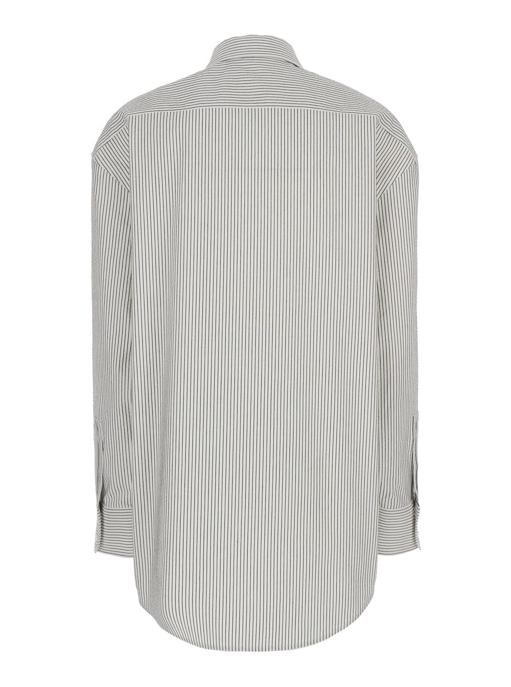 SAINT LAURENT GREY SHIRT WITH CASSANDRE EMBROIDERY AND ALL-OVER STRIPED MOTIF IN COTTON WOMAN