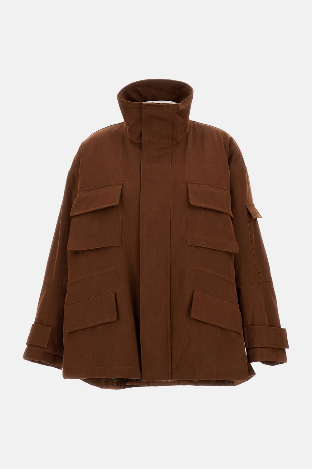 Plan C Delave Twill Military Jacket In Brown