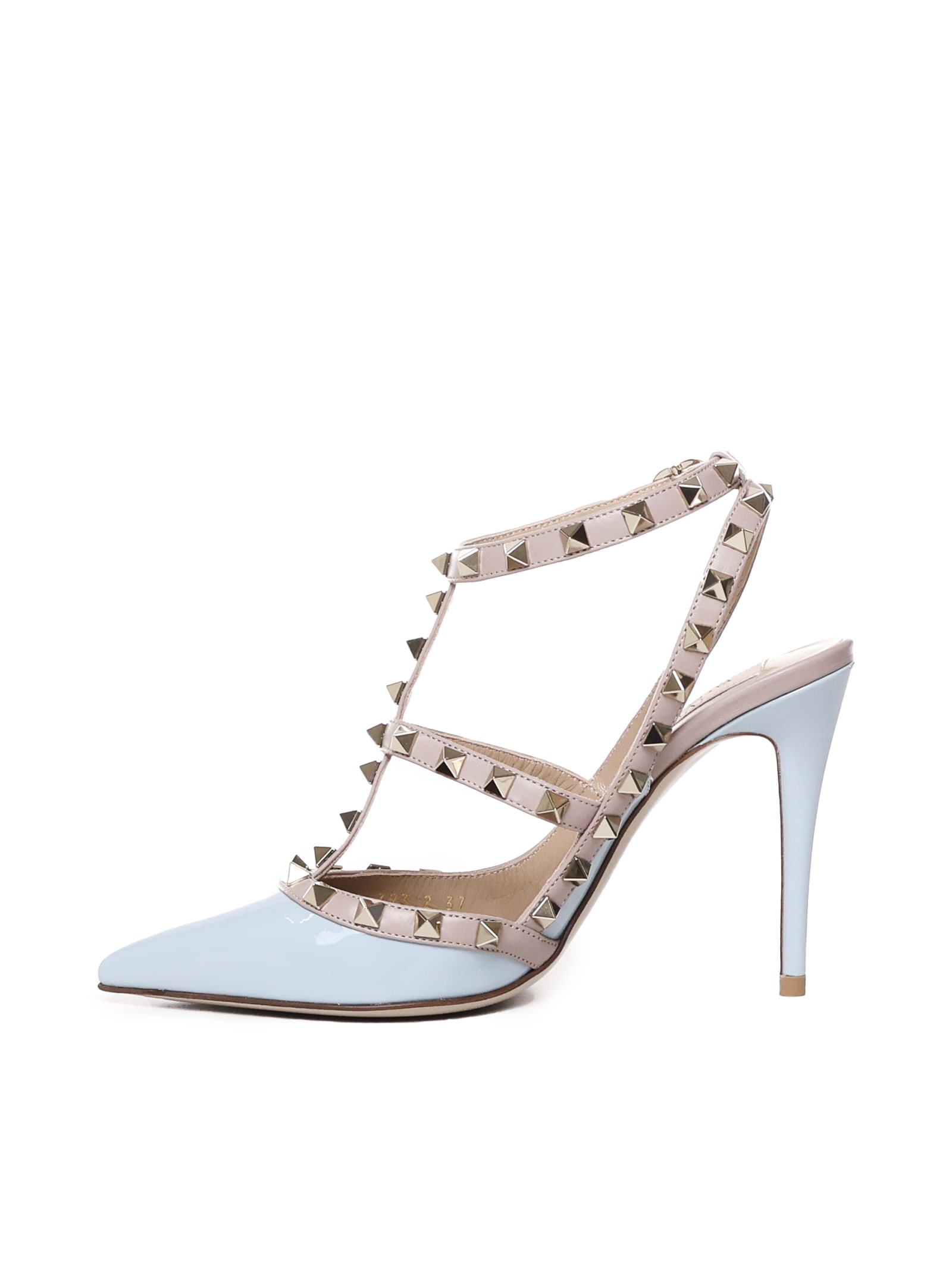 Shop Valentino Rockstud Pumps In Patent Leather In Blu Porcellana/poudre