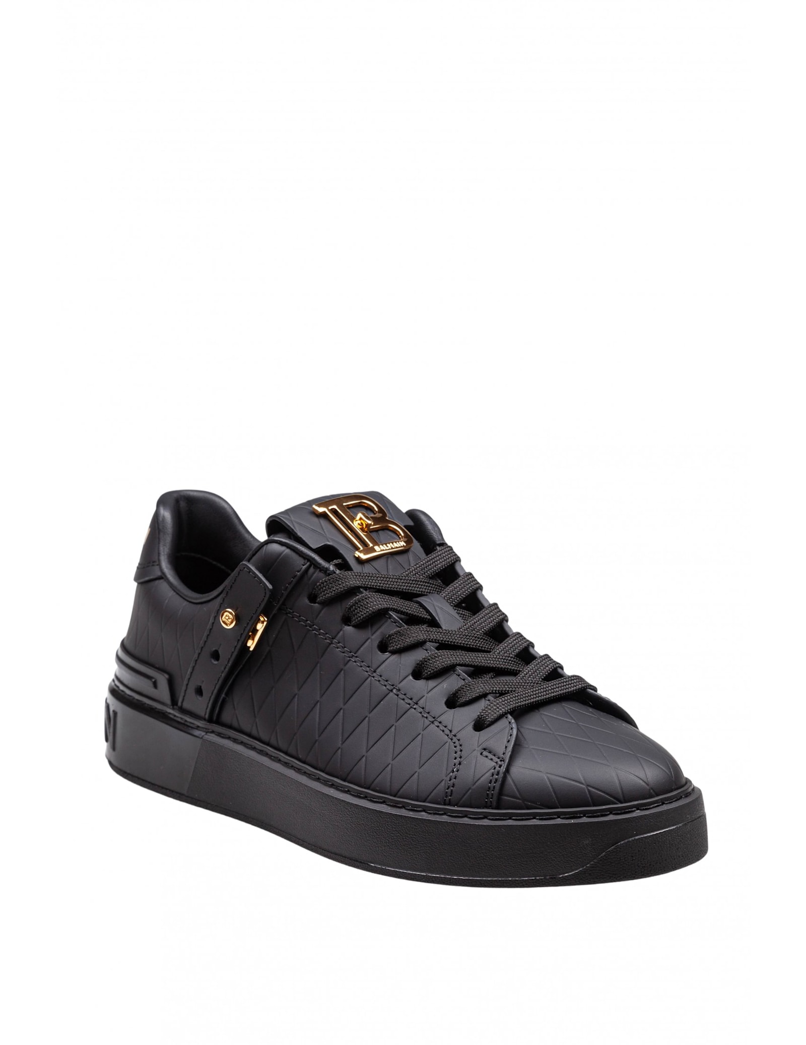 Balmain B-court Leather Sneakers With Diamond Embossing In Noir