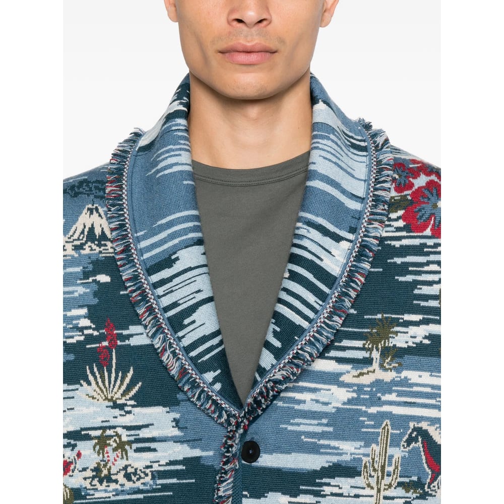 Alanui Fringed Patterned Cardigan In Blue