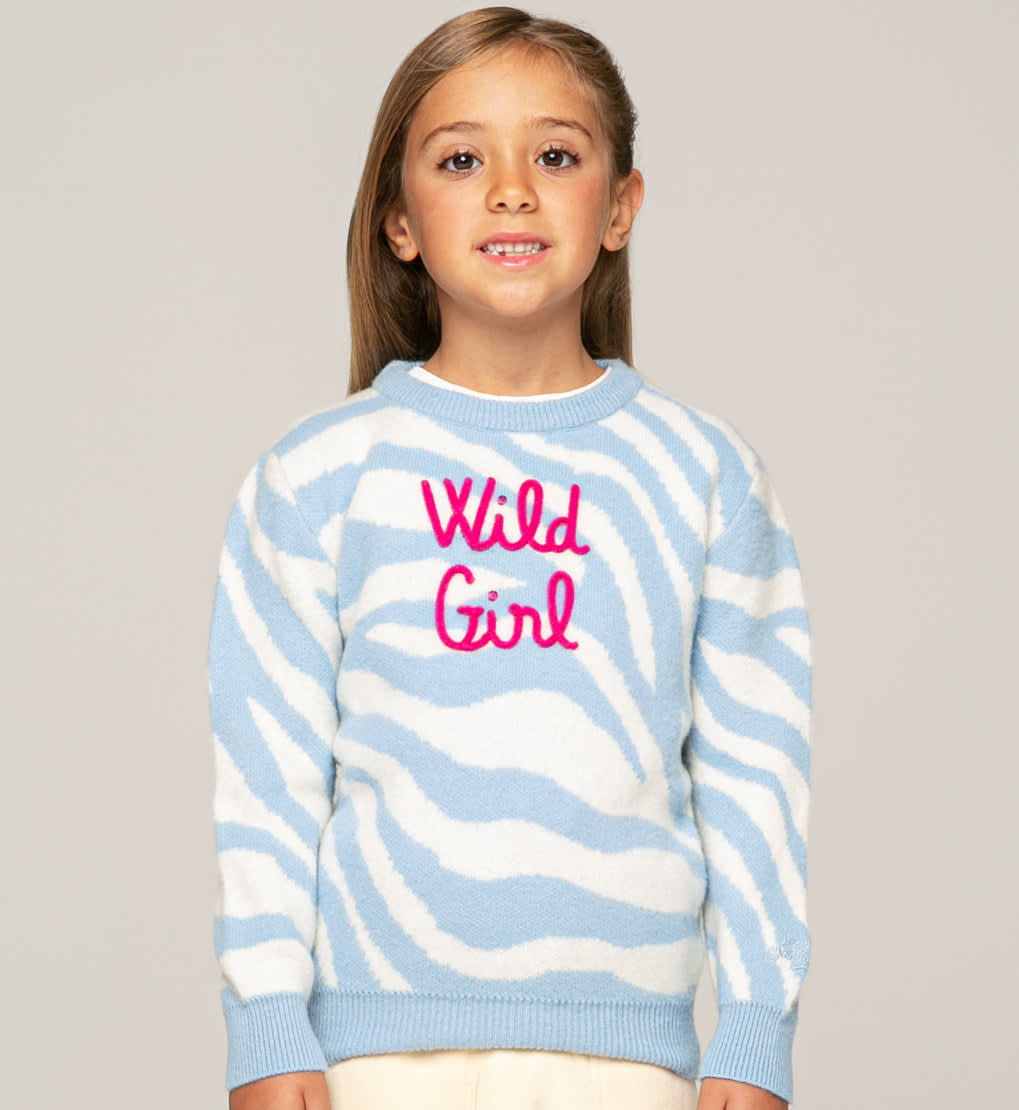 Mc2 Saint Barth Kids' Girl Zebra Print Brushed Sweater With Wild Girl Embroidery In White