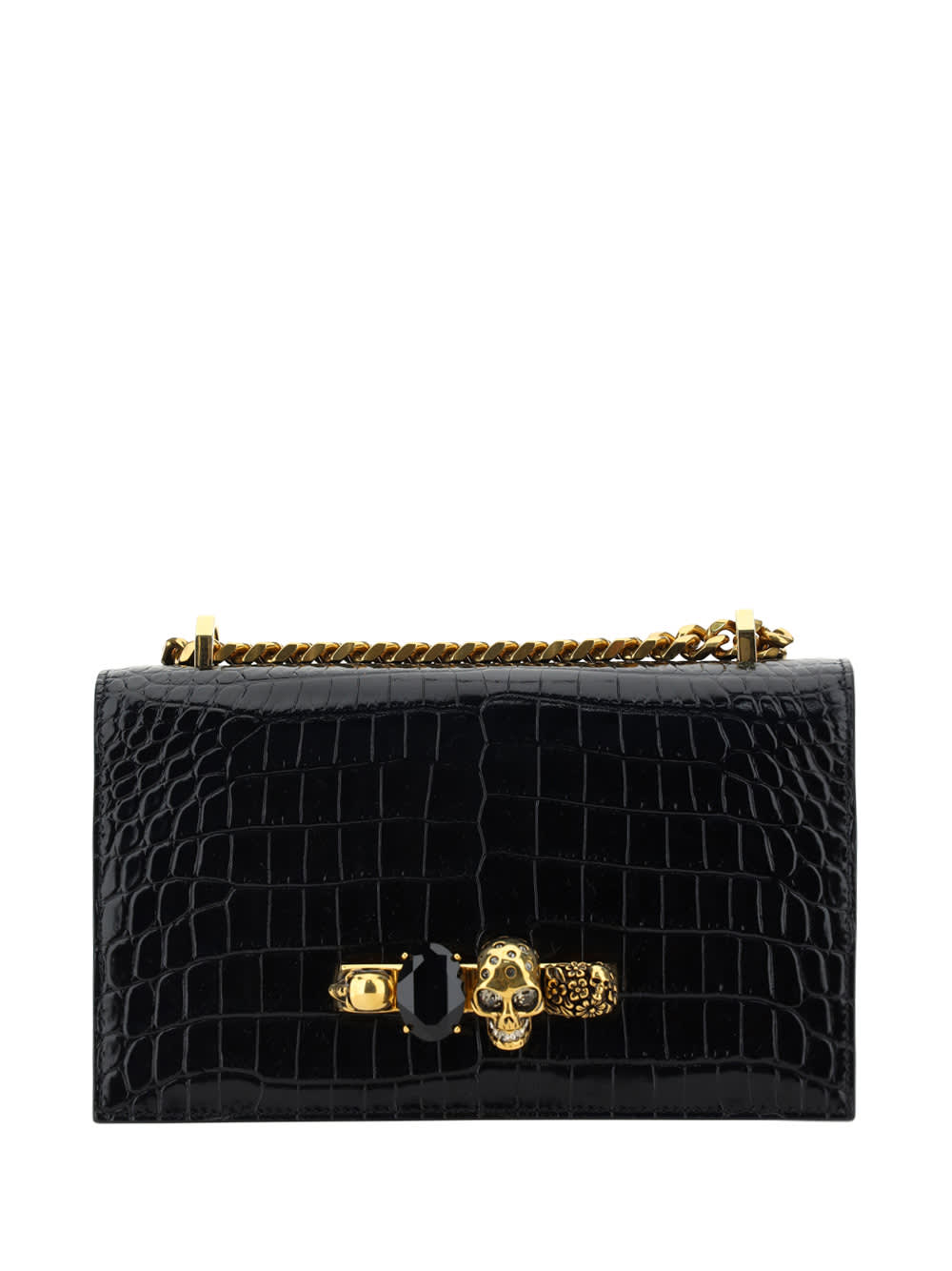 Alexander Mcqueen Black And Golden Jewelled Satchel Bag In Nero