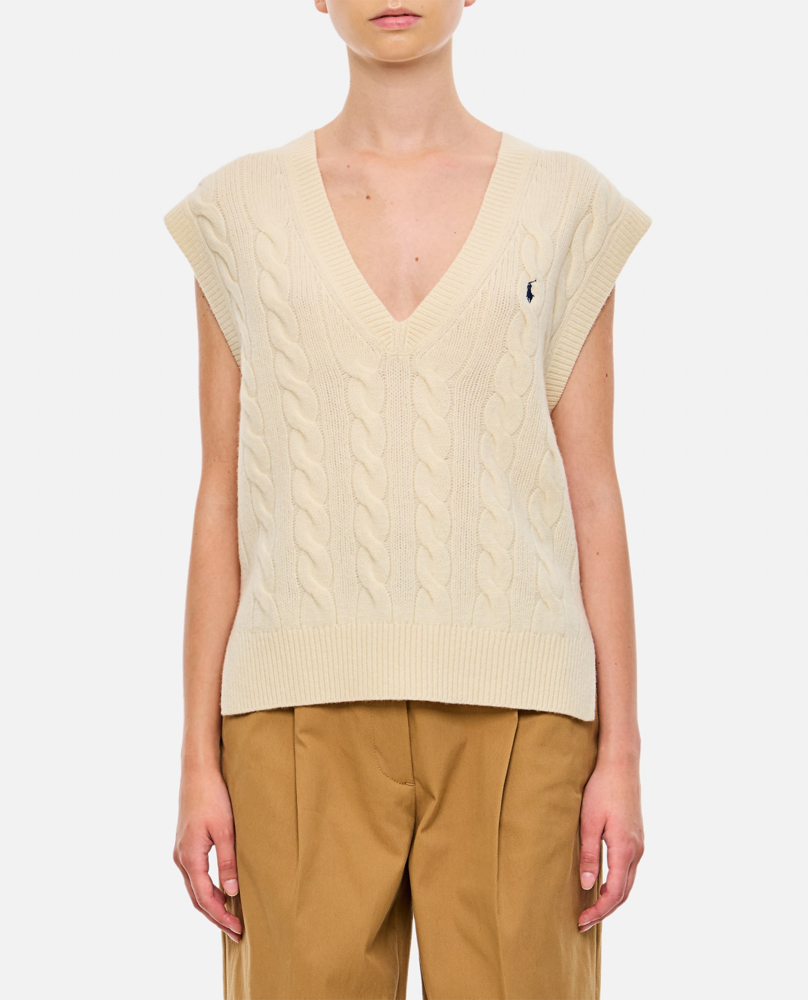 Shop Ralph Lauren Cableknit Sleeveless Pullover In Authentic Cream