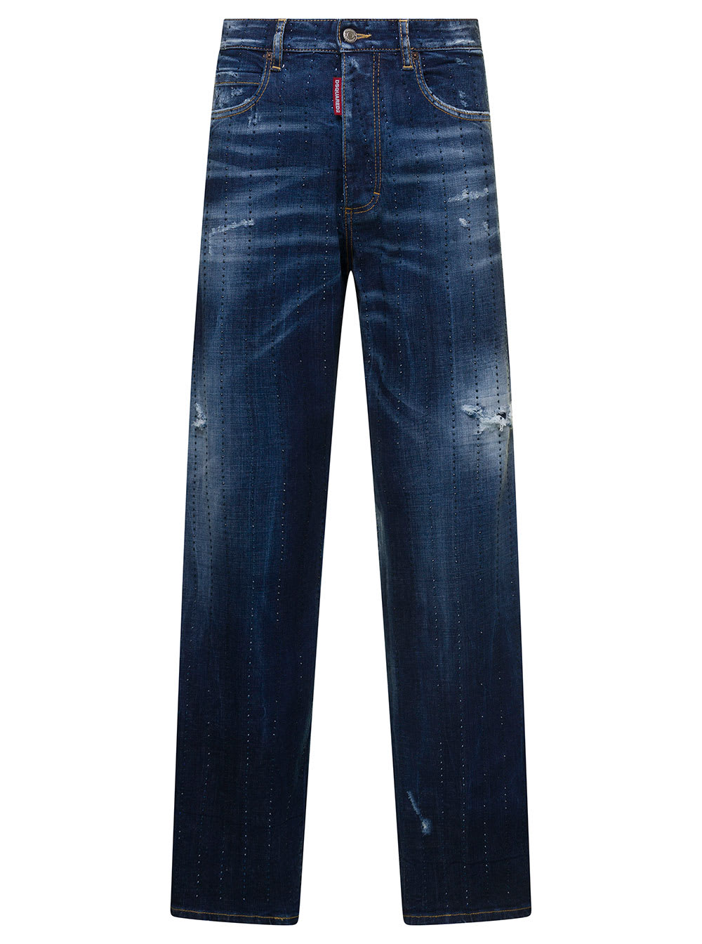 Shop Dsquared2 San Diego Blue Jeans With Destroyed Detailing And All-over Rhinestones In Stretch Cotton Denim Woman