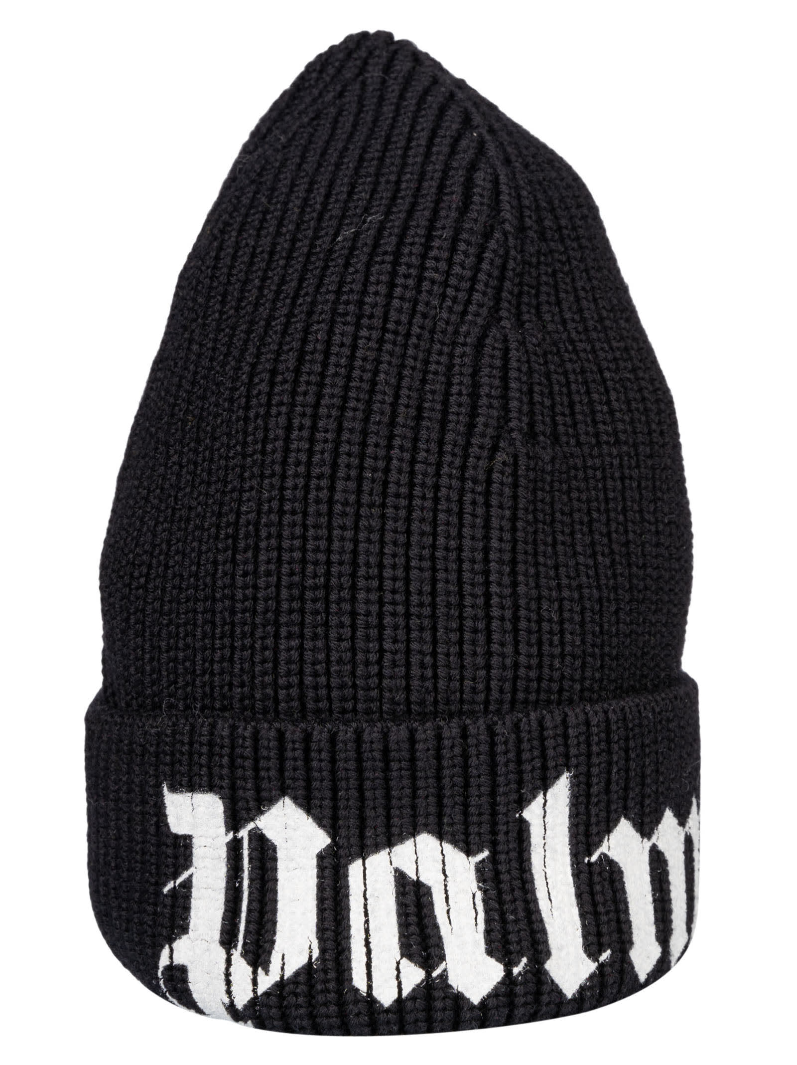 Click to view more detailed imagery on our partner's website Palm Angels Logo Print Knit Beanie In Black/white