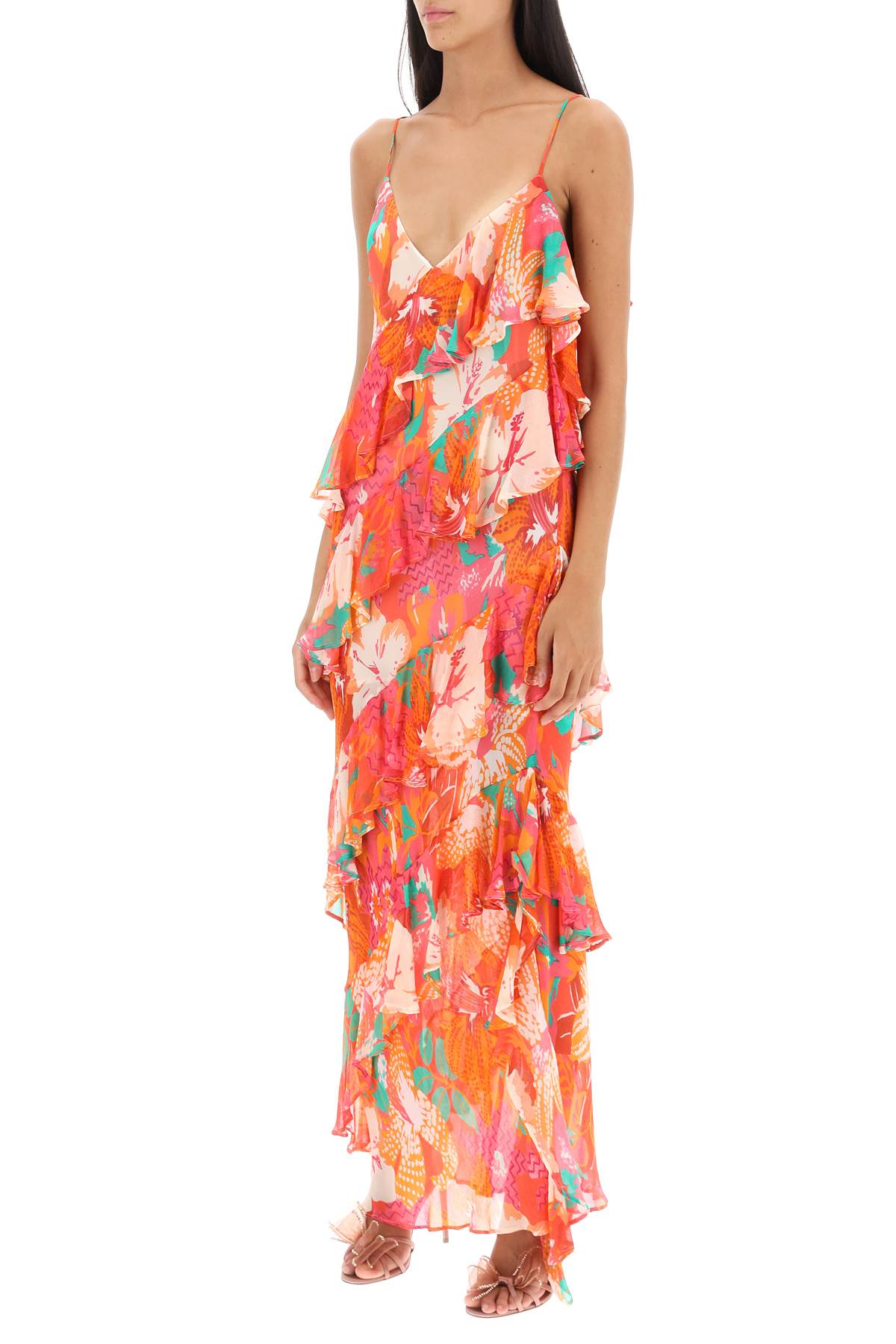 Shop Msgm Maxi Frilled Dress With Tropical Motif In Red