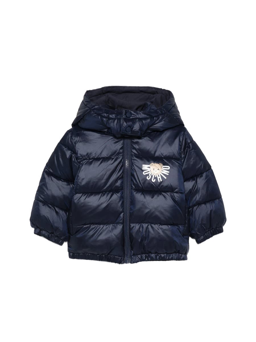 Moschino Blue Down Jacket For Babykids With Teddy Bear In Blue