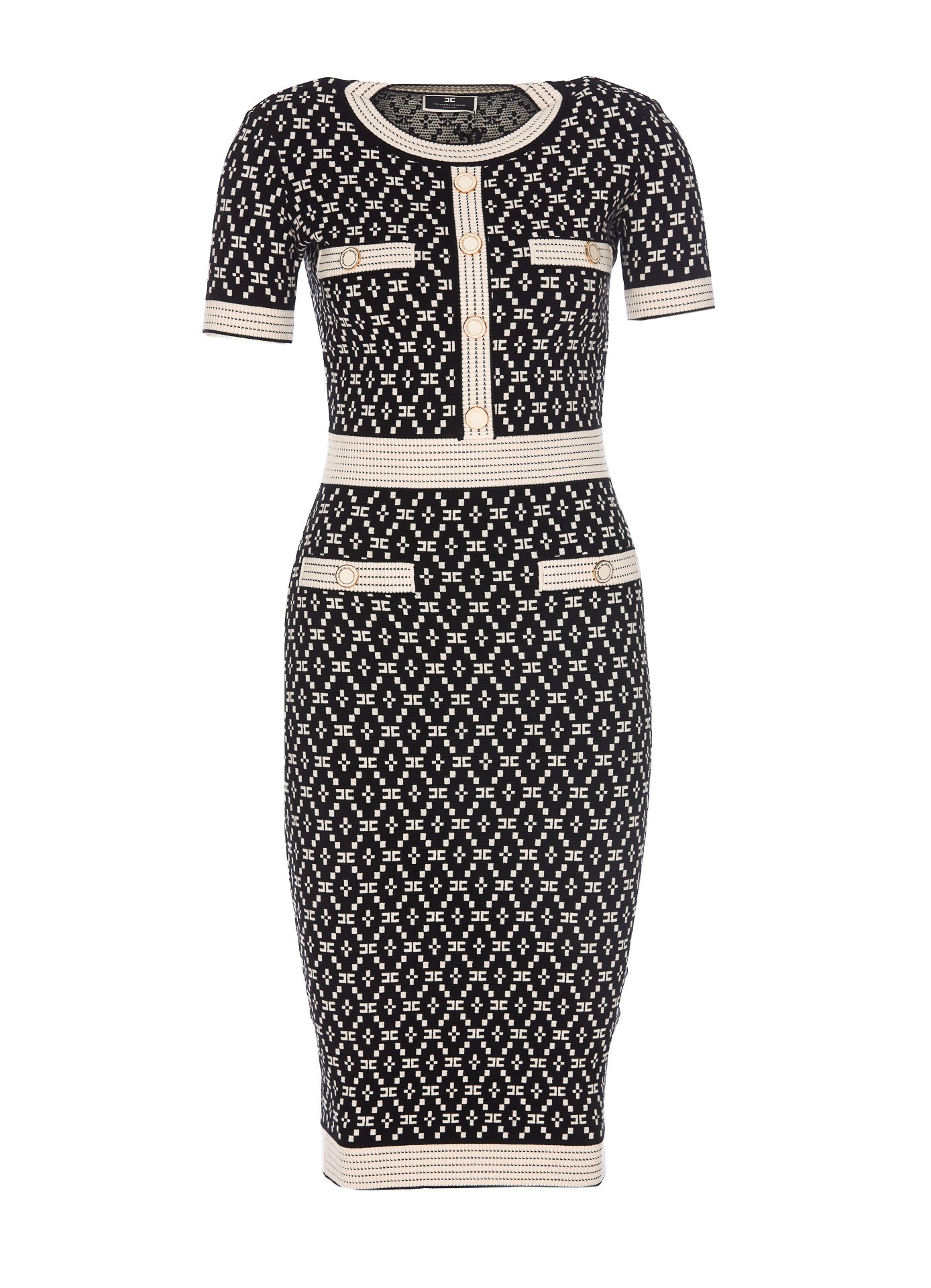 Elisabetta Franchi Monogram Diamond-print Knitted Dress In Black
