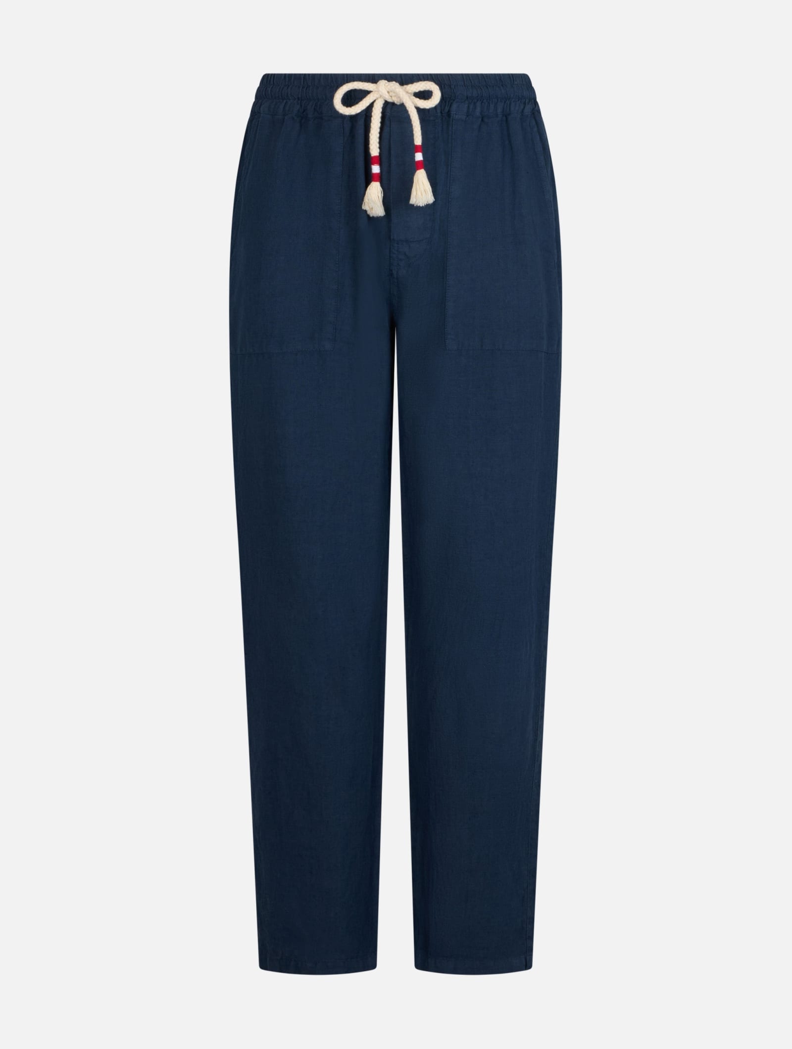 Mc2 Saint Barth Man Navy Blue Linen Calais Pants With Drawstring In Blue