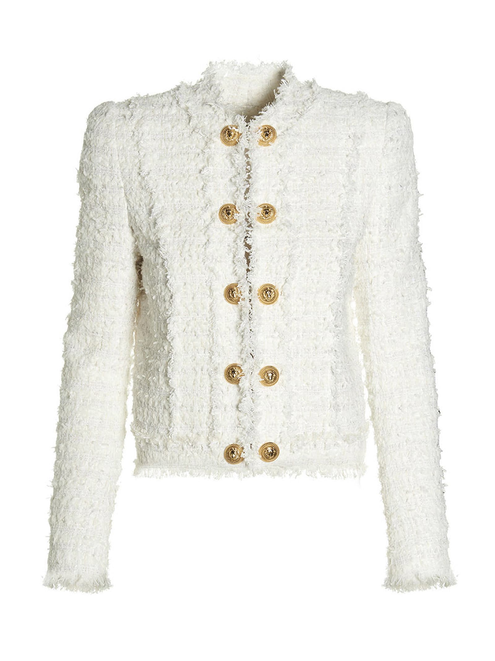Balmain Double-breasted Tweed Jacket In White