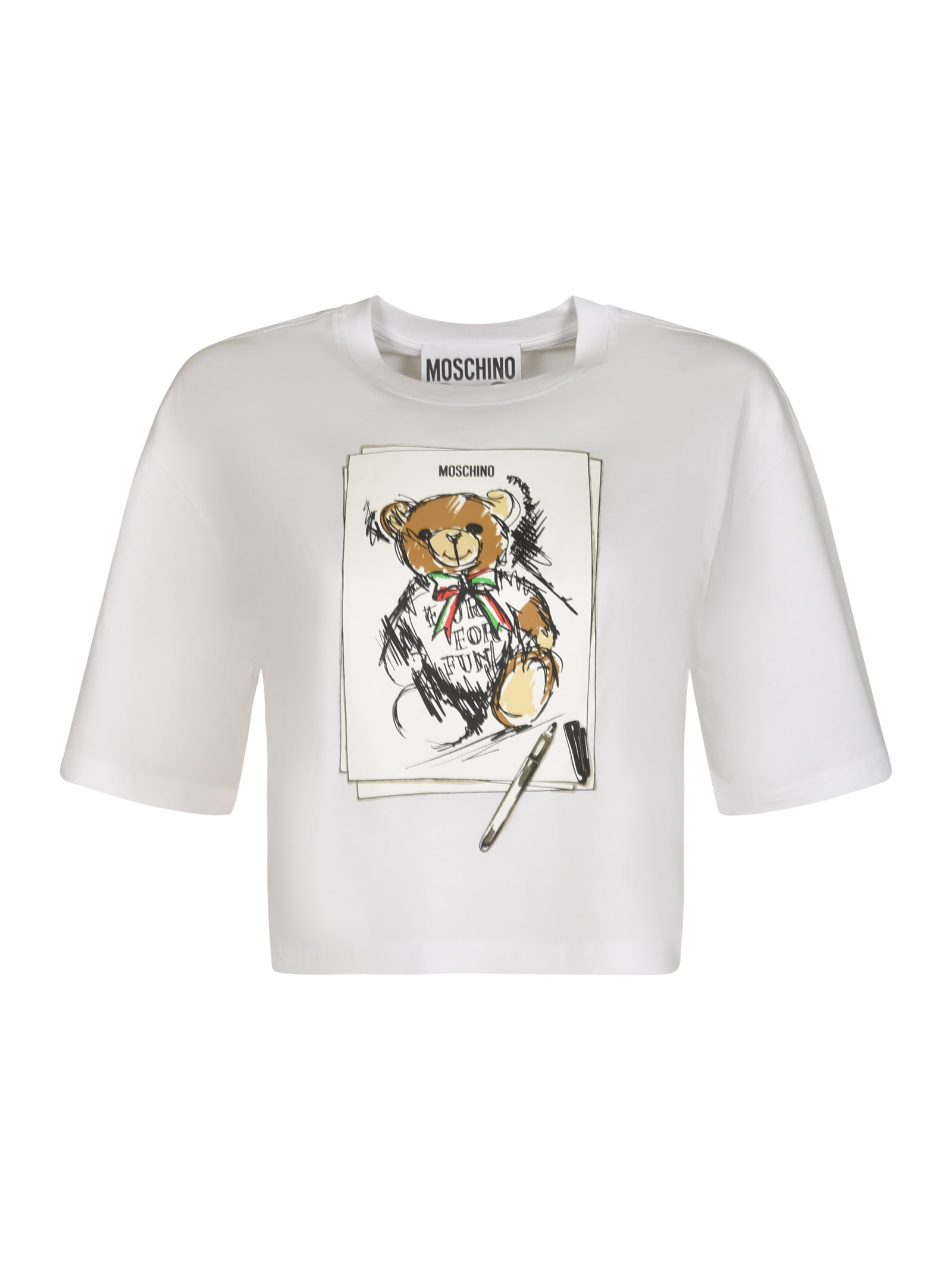 Shop Moschino Teddy Print Cropped T-shirt In White