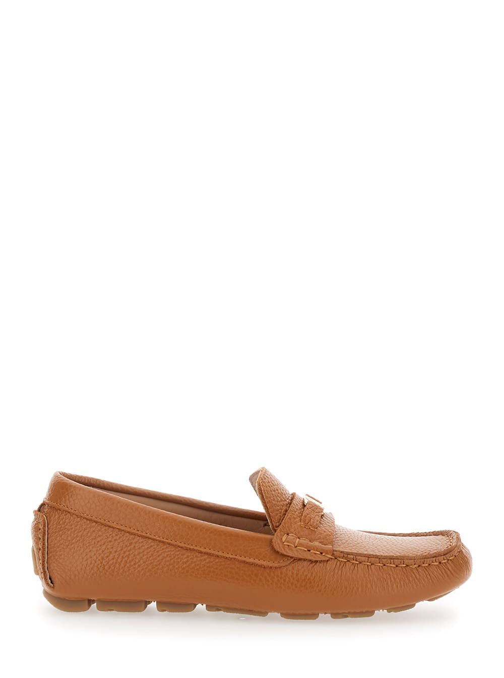 Brown Loafers With Logo Plaqe On The Front In Grained Leather Woman