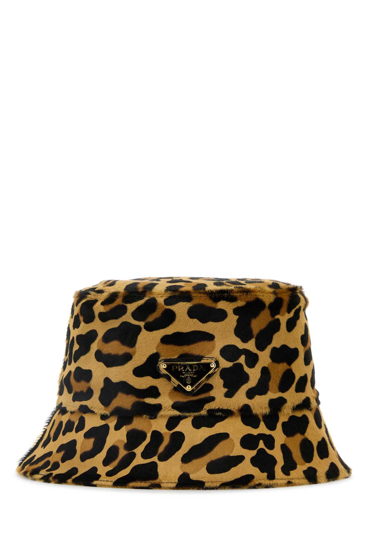 Prada Leopard Print Leather Bucket Hat In Miele