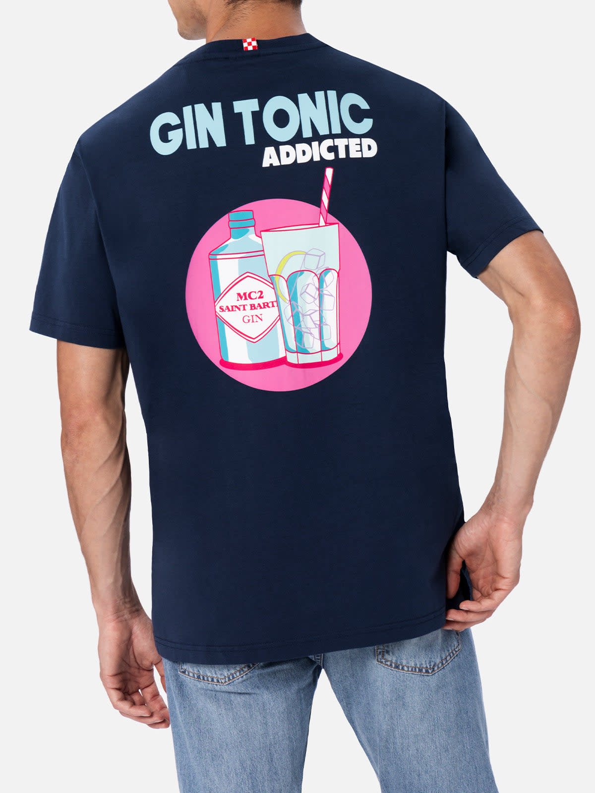 MC2 SAINT BARTH MAN COTTON T-SHIRT WITH GIN TONIC ADDICTED PLACED PRINT