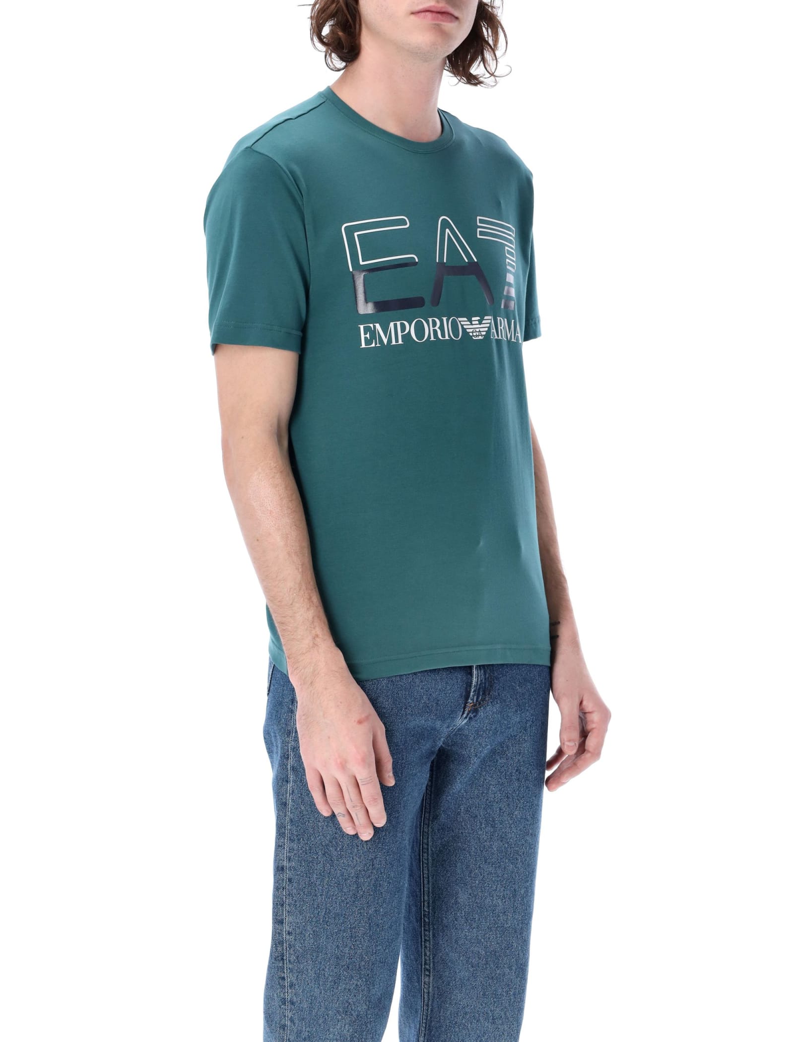 Shop Ea7 Logo Series Stretch Cotton-jersey T-shirt In Mediterranea
