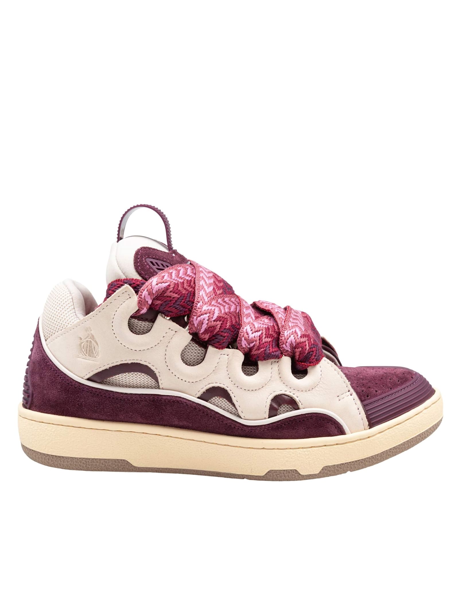 Lanvin Curb Leather And Fabric Sneakers In Beige And Burgundy In Multi