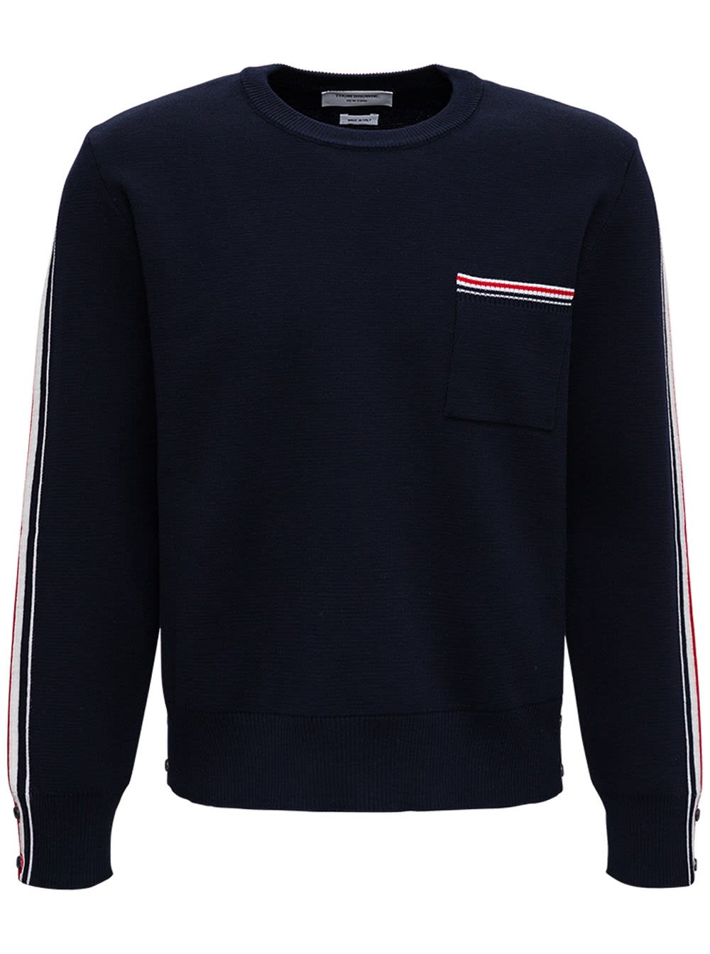 Thom Browne Blue Wool Sweater With Rwb Stripe Details
