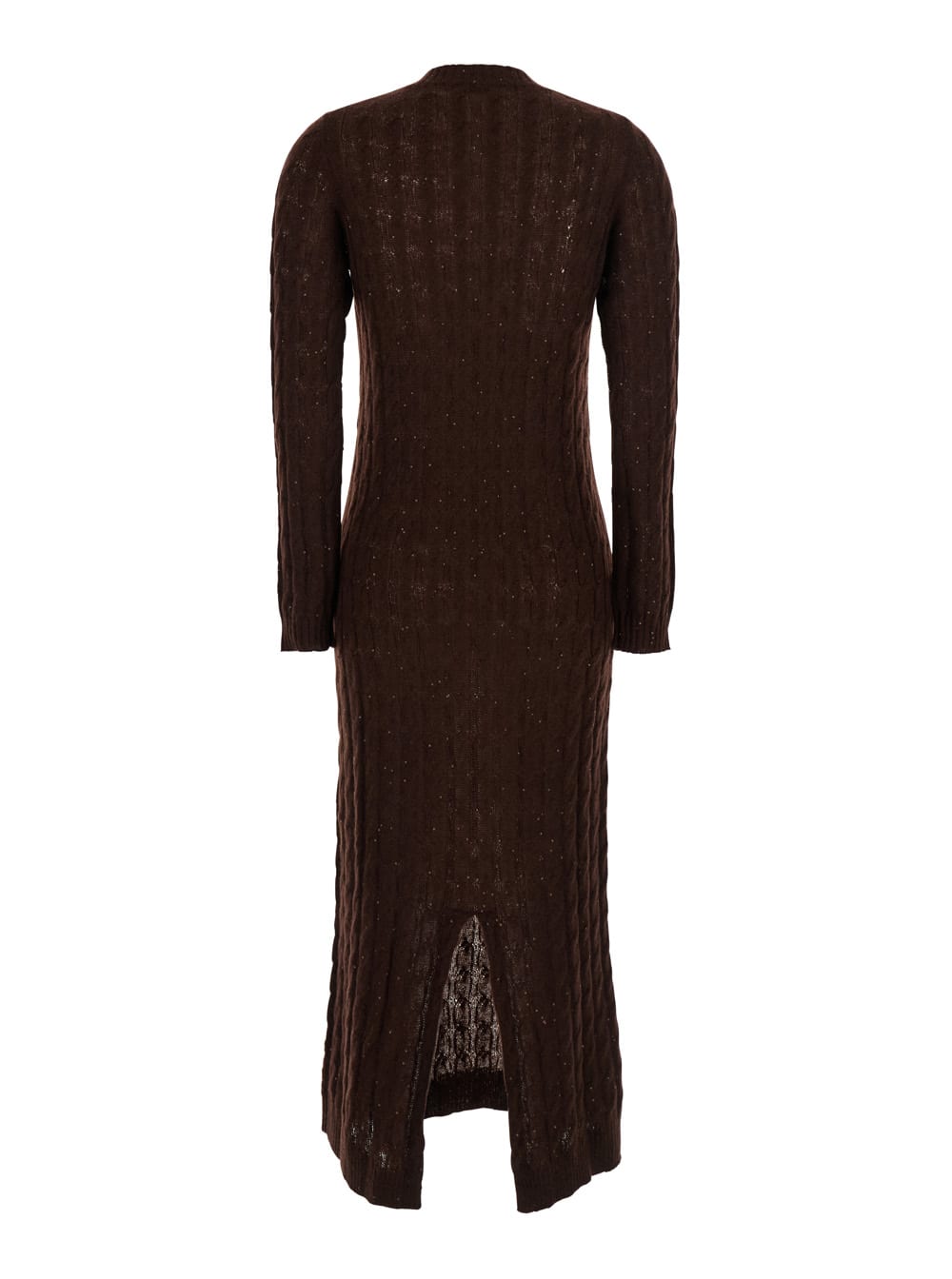 Brunello Cucinelli Brown Crewneck Dress With All-over Sequin Embellishments In Wool Blend Woman In Brown