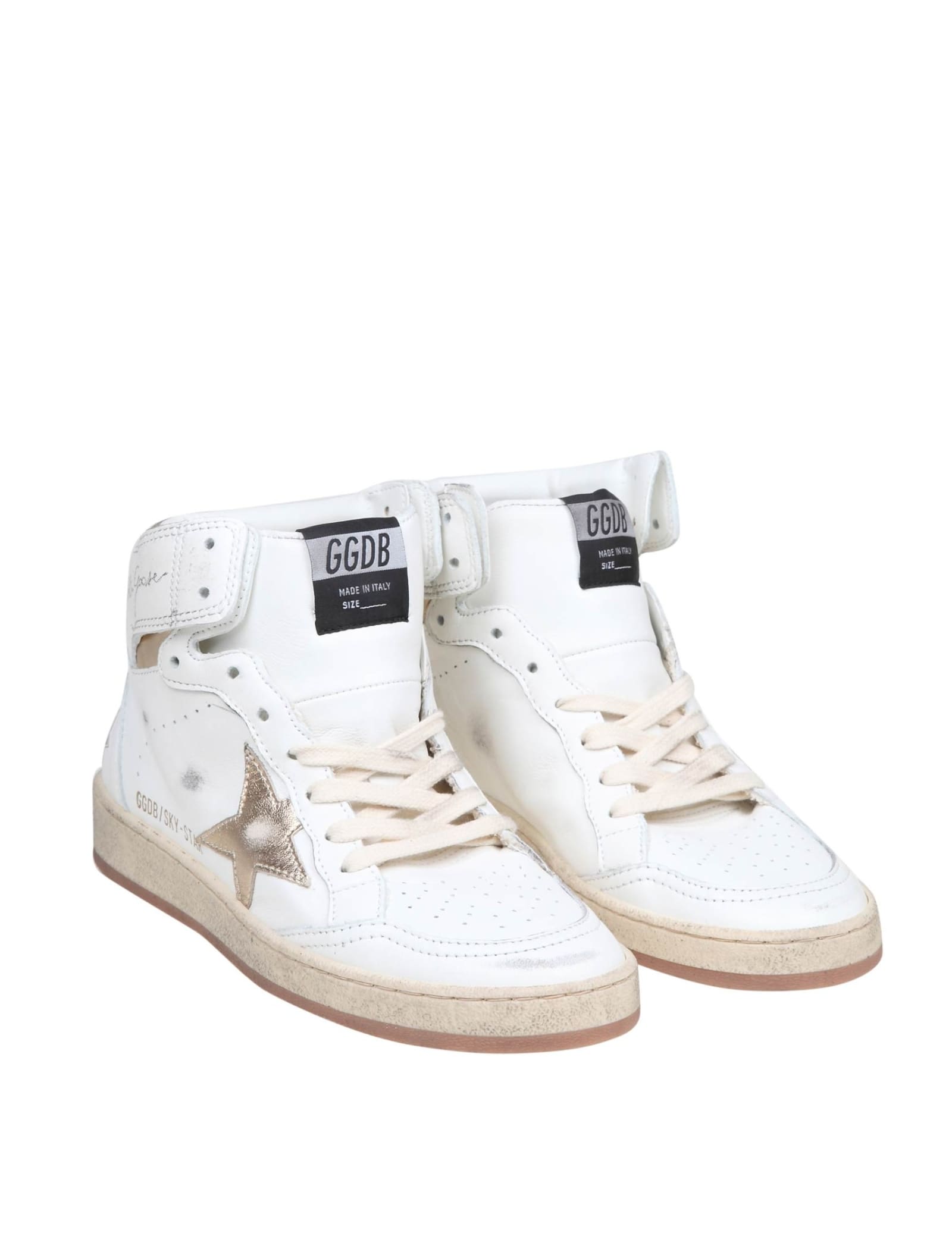 Shop Golden Goose Sky Star Sneakers In Leather With Gold Laminated Star In White/dark Gold