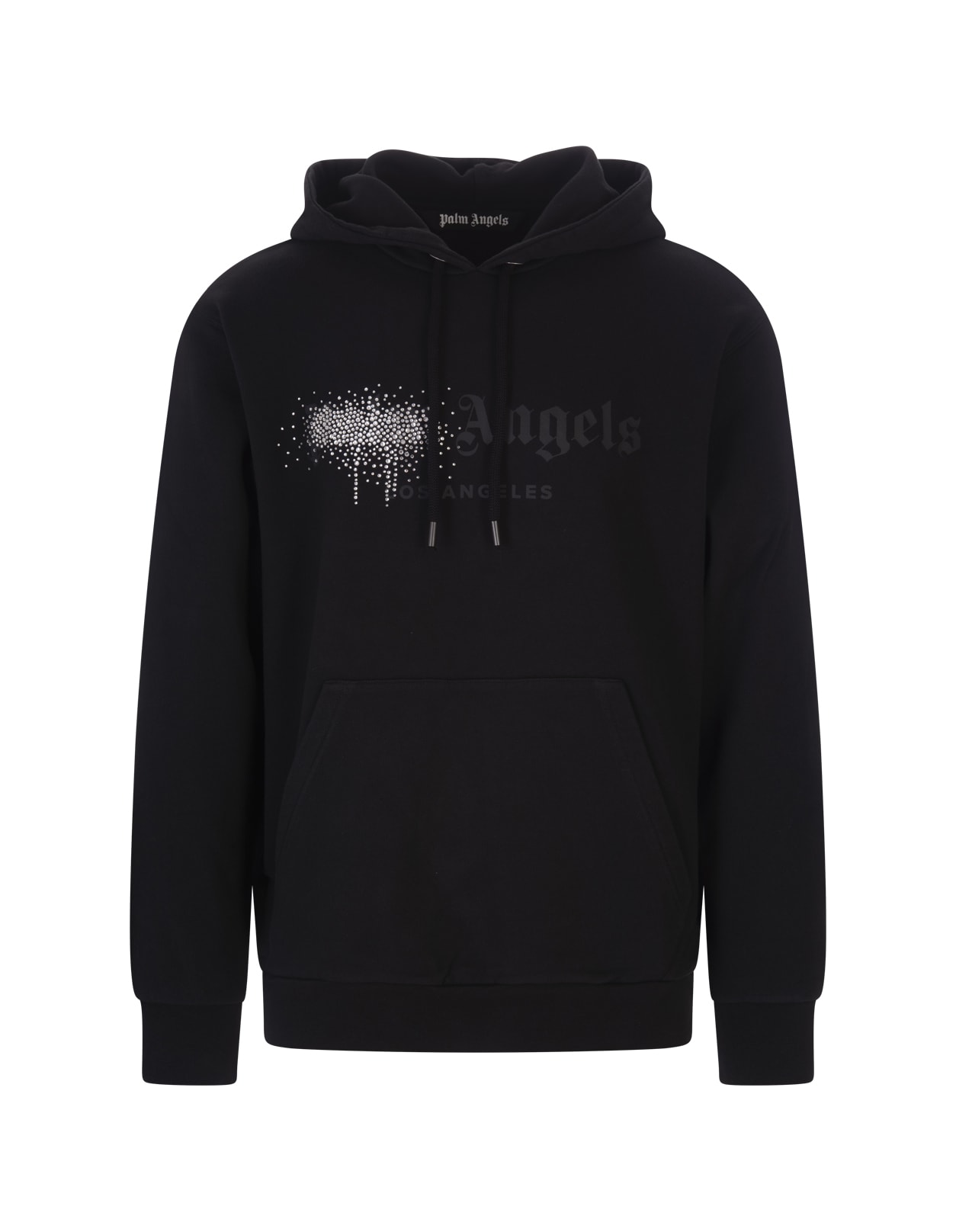 Palm Angels Man Black Hoodie With Patent Effect And Rhinestones On The Front
