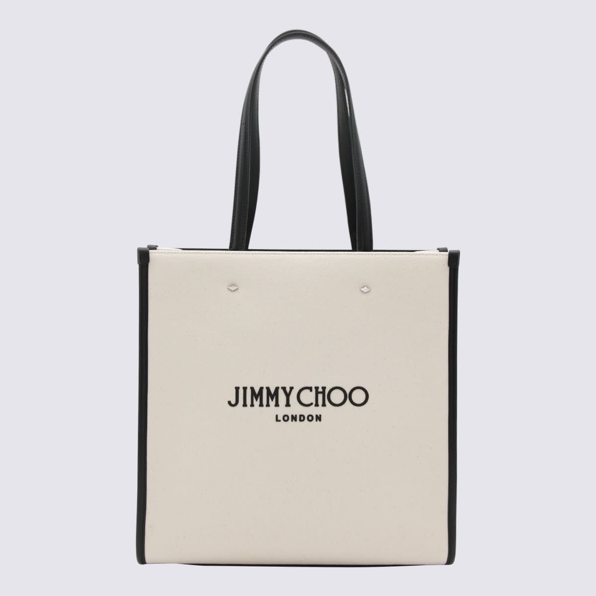 Shop Jimmy Choo Ivory Canvas And Black Leather Tote Bag