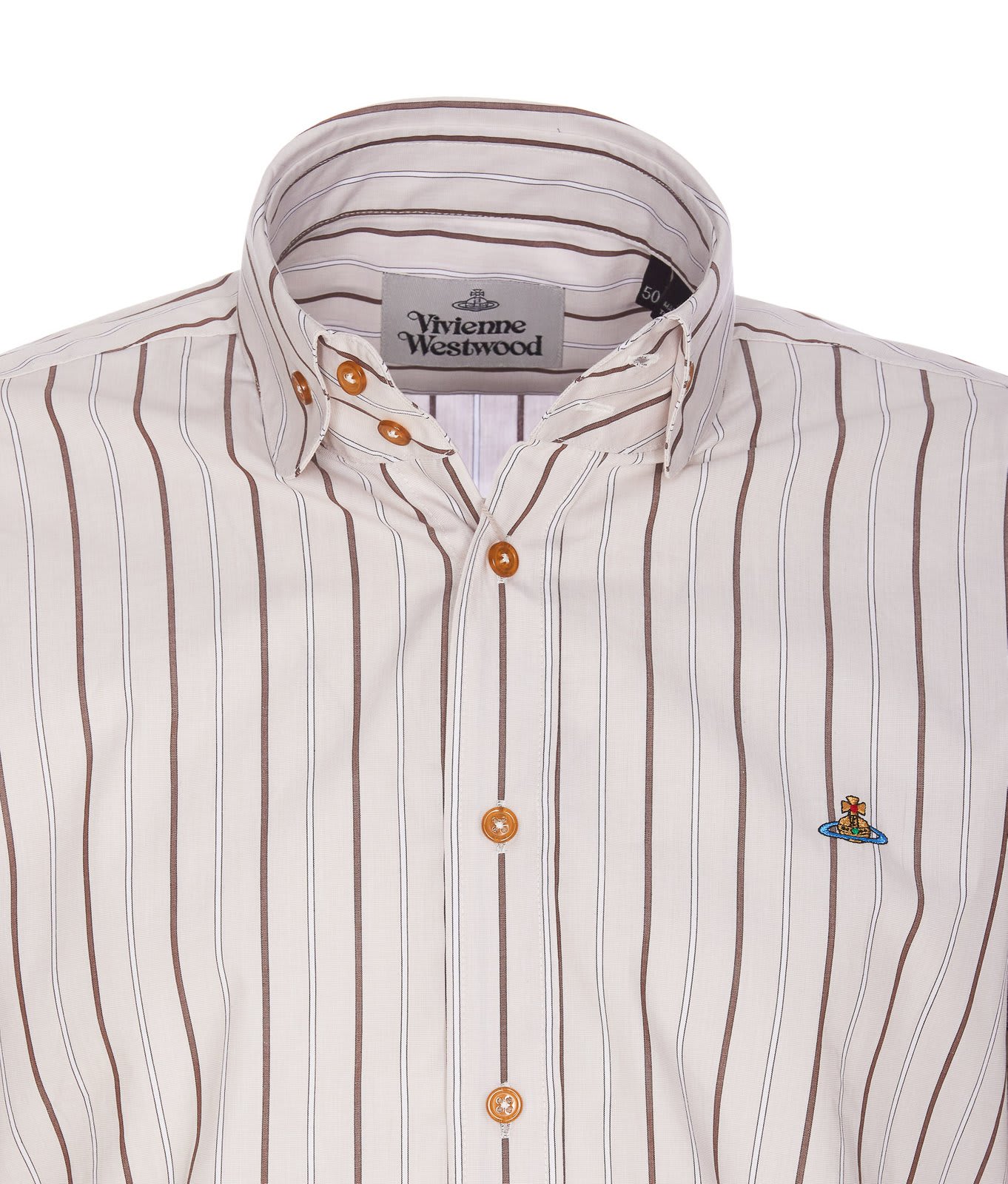 Shop Vivienne Westwood Logo Embroidered Striped Shirt In Beige