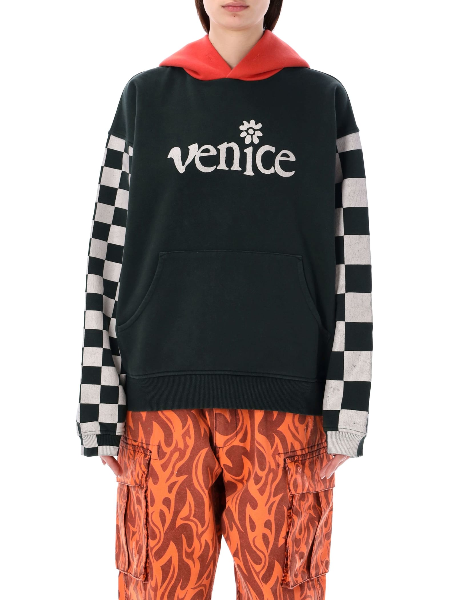 Shop Erl Venice Checked Sleeves Hoodie In Black Checker