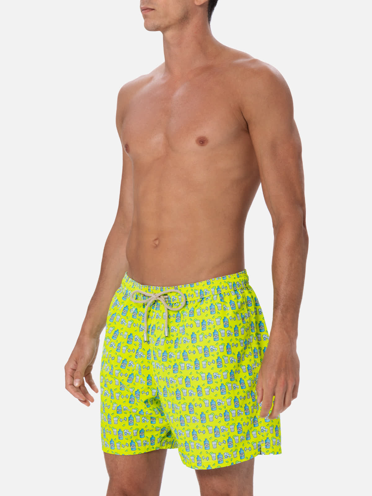 Mc2 Saint Barth Man Lightweight Fabric Swim-shorts Lighting Micro Fantasy With Gym And Gin Print In Yellow